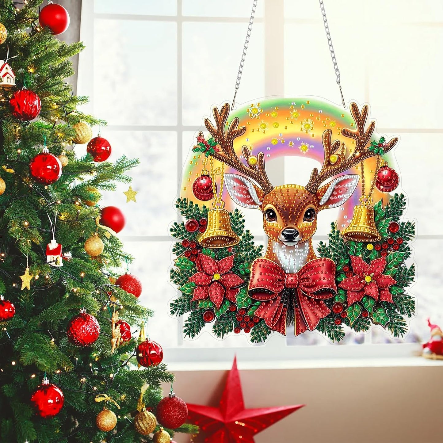 MEIYUDA Christmas Hanging Diamond Art Kits for Adult, Deer Diamond Painting Hanging Kits Ornaments, DIY Special Shaped Rhinestone Window Pendants kit for Home Garden Wall Decor Gift