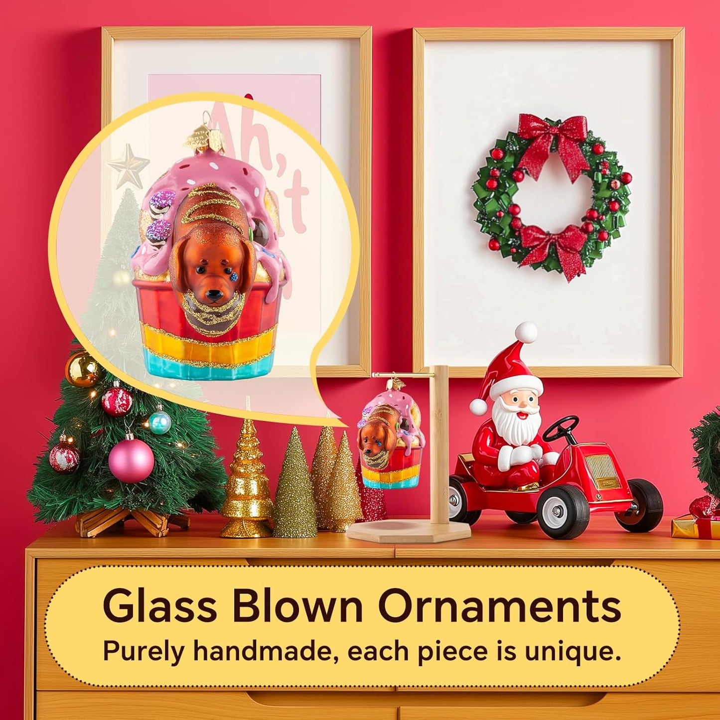 Dog Christmas Tree Ornaments,Hand-Blown Glass Ornaments,Cupcake Collection Figurine Hanging Ornaments,Dachshund Dog Christmas Ornament for Animal Lovers Party Holiday Home Decorations Gifts
