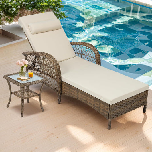 VIVIJASON Outdoor Wicker Chaise Lounge Chair, All-Weather PE Rattan Cushioned Patio Lounger Set with Side Table, 6-Position Adjustable Outside Pool Sunbathing Recliner with Armrest & Pillow, Beige