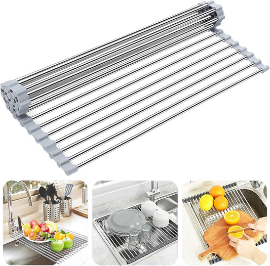 Searik Over The Sink Dish Drying Rack, Roll up Sink Dish Drainer Rack Foldable Kitchen Stainless Steel Dish Rack Sink Drying Rack (17.7"x 11.8")
