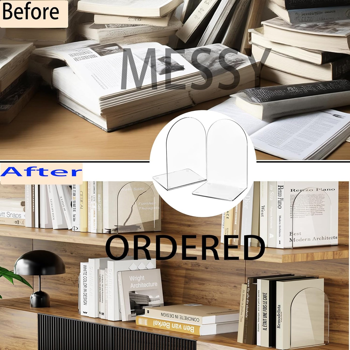 Lulonpon 6 Pieces Book Ends, Bookends, Books End for Shelves, Books End for Heavy Books, Clear Bookends, Acrylic Book Ends for School, Library,Desktop Organizer and Book Shelves