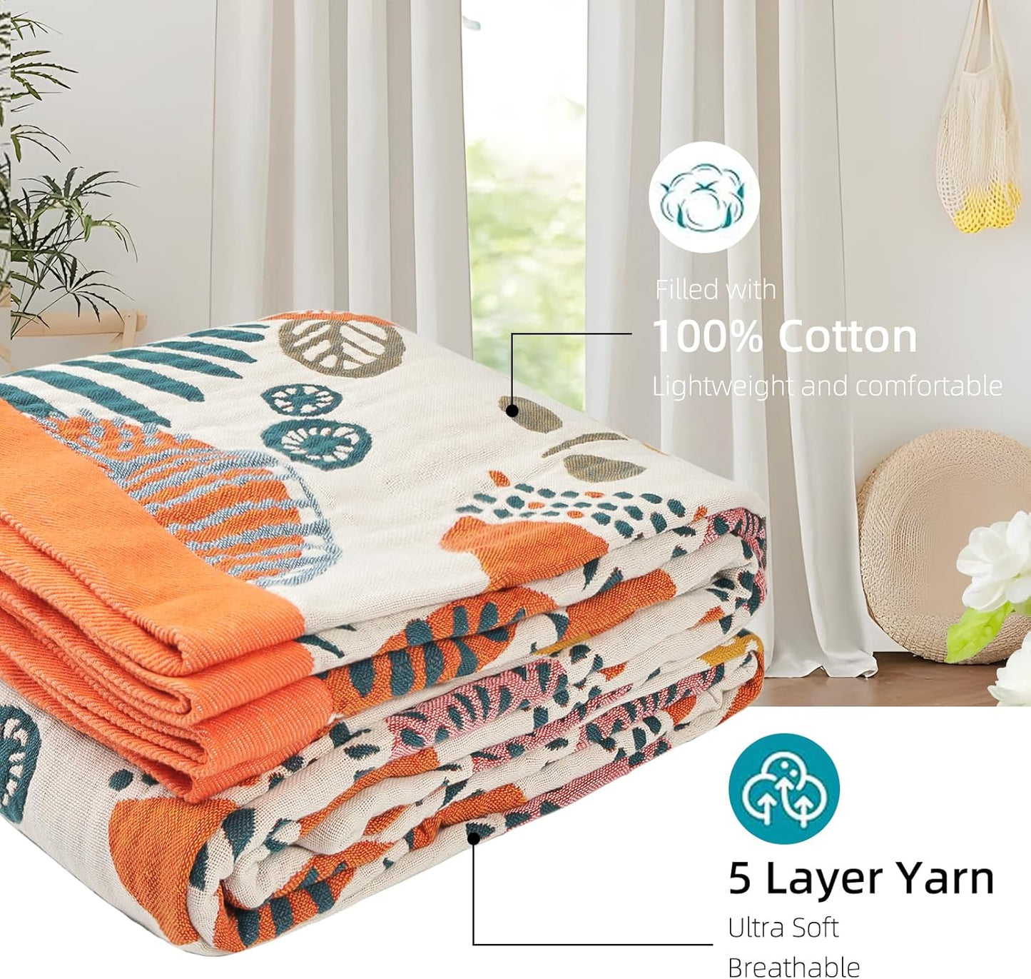 Boho Throw Blanket for Bed - 100% Pure Cotton Ultra Soft Rustic Quilt - Farmhouse Decor Bed Blankets, All Season Rustic Throw for Sofa Couch Chair(60"×80", Floral Print 2)