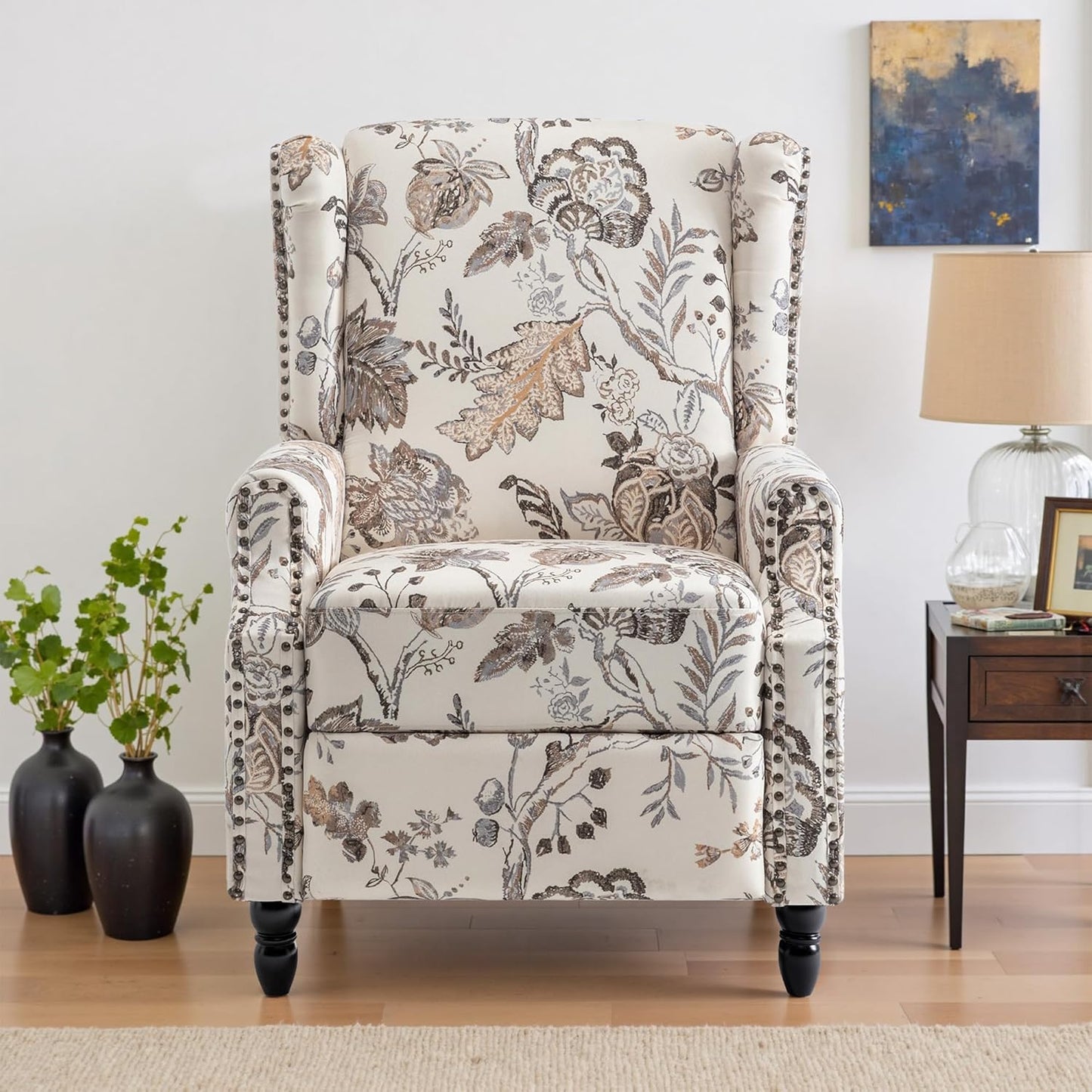 UIXE Pushback Recliner Chair, Fabric Upholstered Armchair Push Back Accent Chair for Living Room, Rivet Trim Home Theater Single Sofa Bedroom Reading Seat with Footrest - Beige Plants