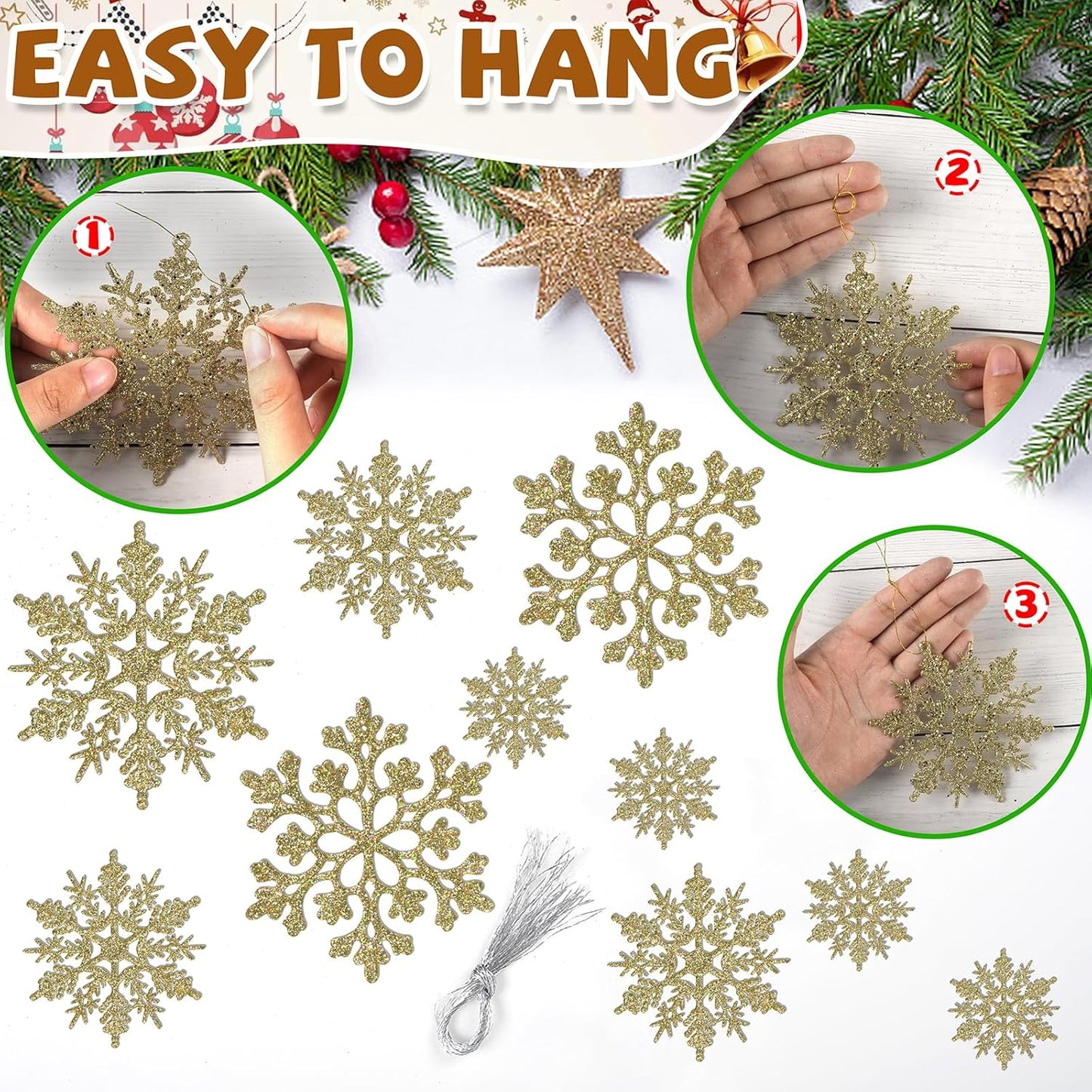 Christmas Tree Decorations Snowflake Ornaments, 36Pcs Glitter Gold Plastic Hanging Snowflakes from Ceiling Snow Flakes Decorating Hanging for Winter Wonderland Decorations Indoor Outdoor Decor