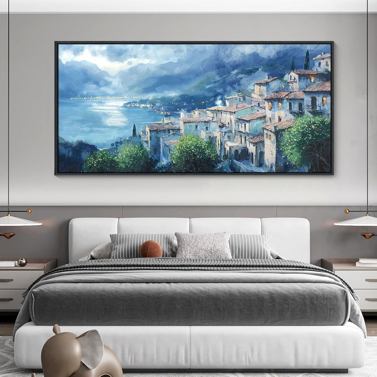 JEAWA Large Framed Canvas Painting - Landscape Wall Decor Ready to Hang, Gray Blue Town Picture, Lights of Thousands homes Art Prints for Bedroom Living Room Home Decoration, 29x58 IN