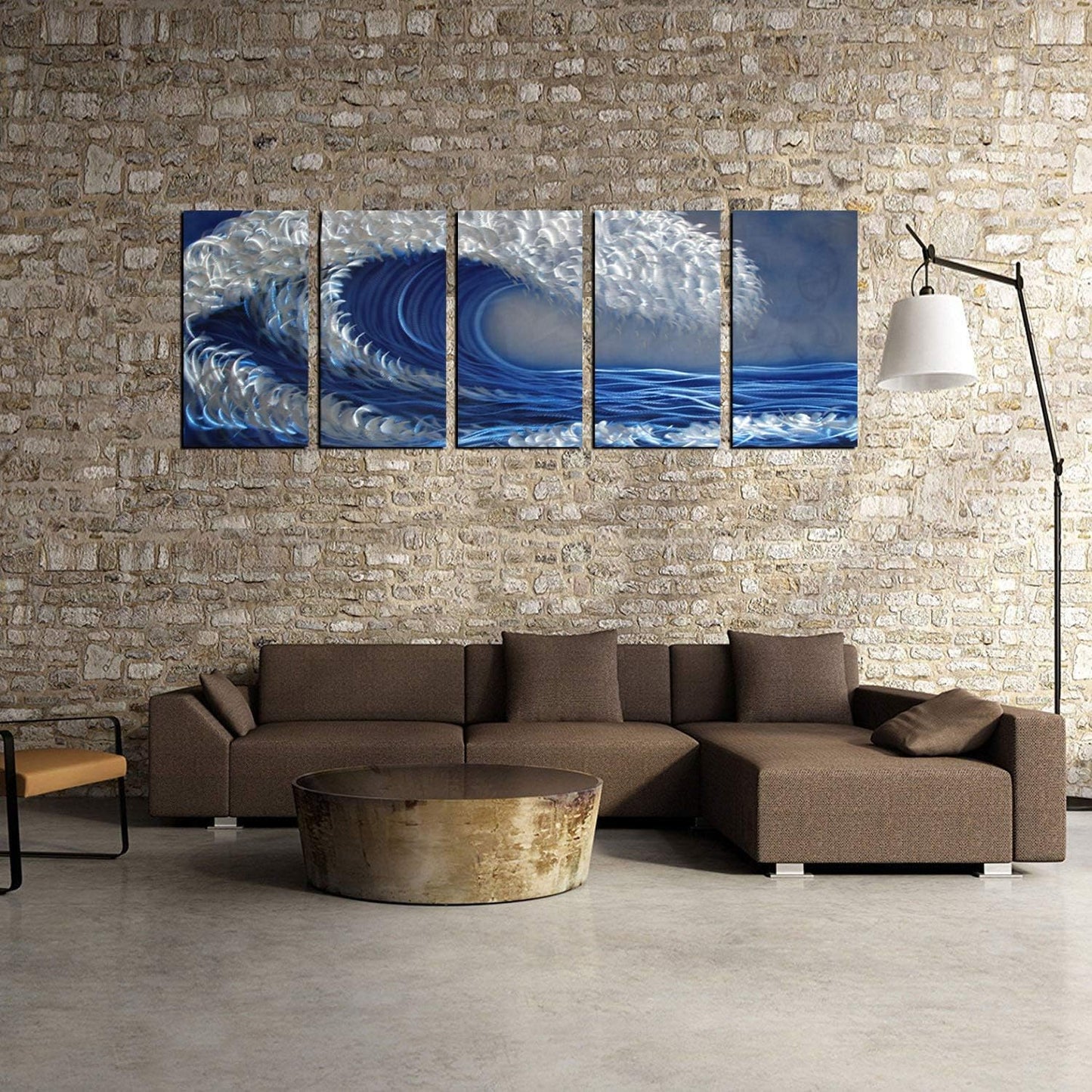 Ocean Metal Wall Art, Handcrafted Abstract Metal Artwork, Large Scale Blue and Silver Wall Art, Unique 3D Aluminum Painting, Great for Indoor and Outdoor, 5-Panels Measures 64" x 24"
