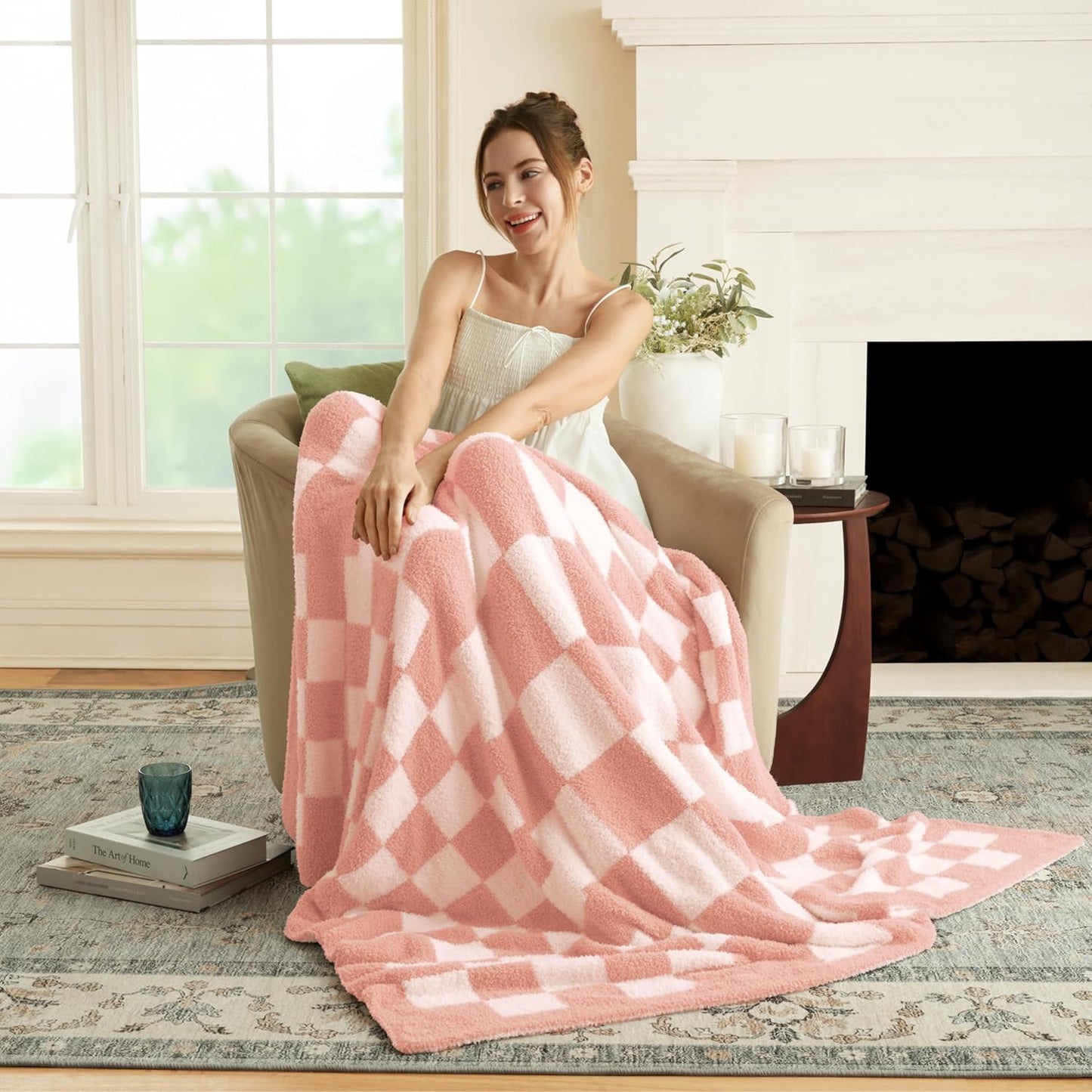 Joiedomi Throw Blanket for Couch, Pink White Checkered Knitted Blankets Gifts for Women Mom Girls, Cozy Cute Soft Throw Home Room Decor Aesthetic Women Mothers Birthday Gifts 50x70 Inches