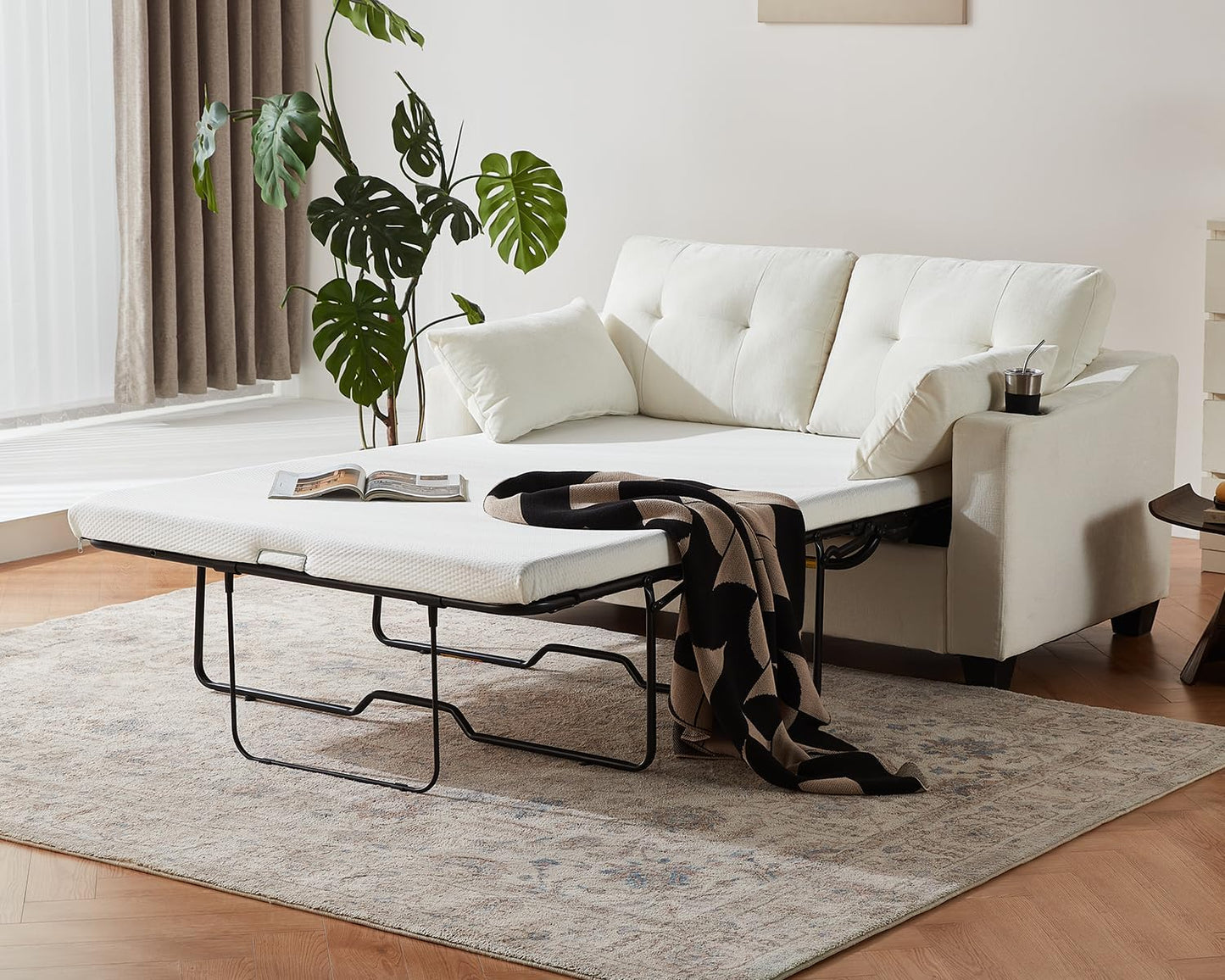 Pull Out Sofa Bed, Full Size Sleeper Sofa, 2-in-1 Convertible Corduroy Couch with USB Charging, Memory Form Couch for Living Room, Apartment and Small Space (Beige, Chenille - Full Size)