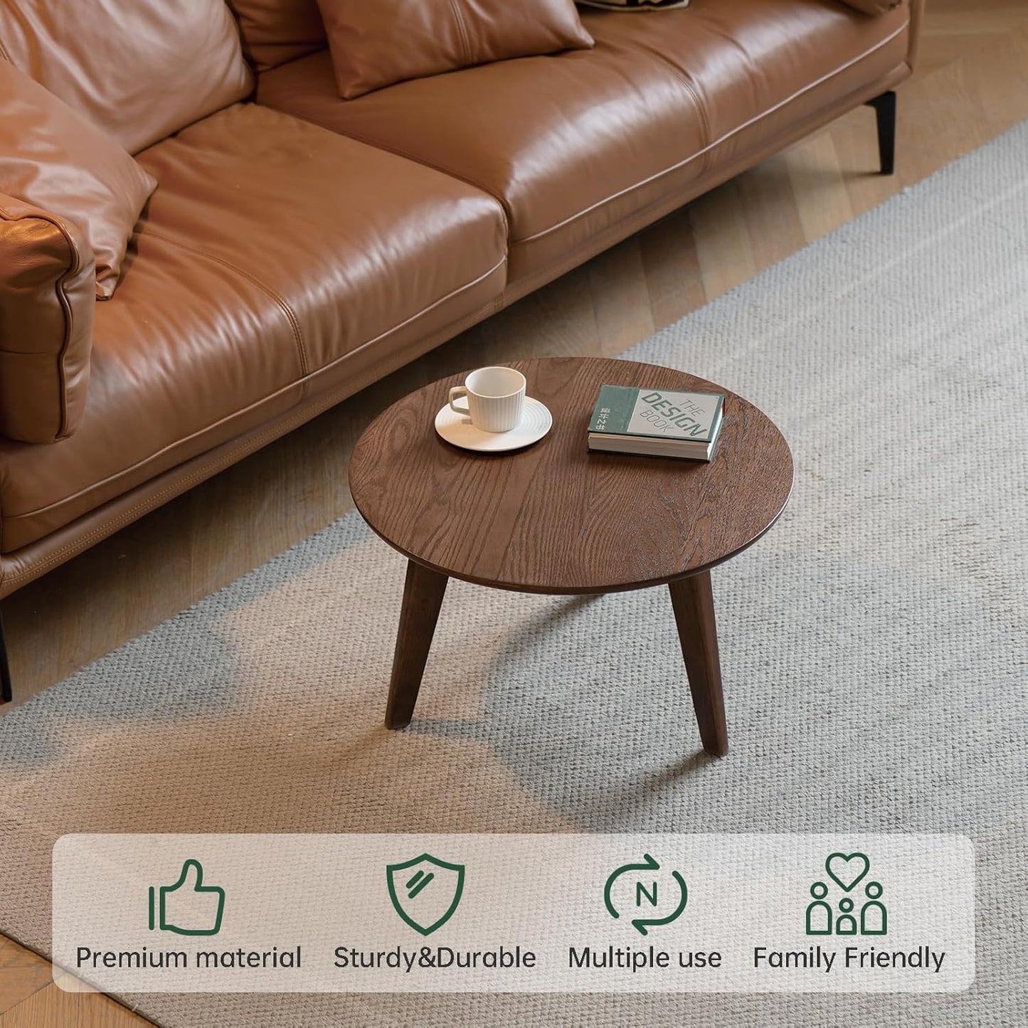 100% Solid Oak Wood Mini Coffee Table, Round Living Room Table Side Table w/Solid Wood Legs, Walnut Mid Century Sturdy Tables for Bedroom Balcony Living Room (23.62" D x 13.78" H)