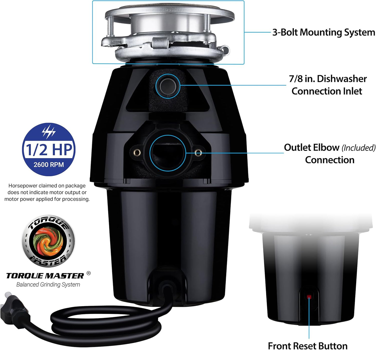 Waste Maid 10-US-WM-258-3B Garbage Disposal Anti-Jam Stainless Steel Food Waste Grinding System, 1/2 HP Mid Duty, Black