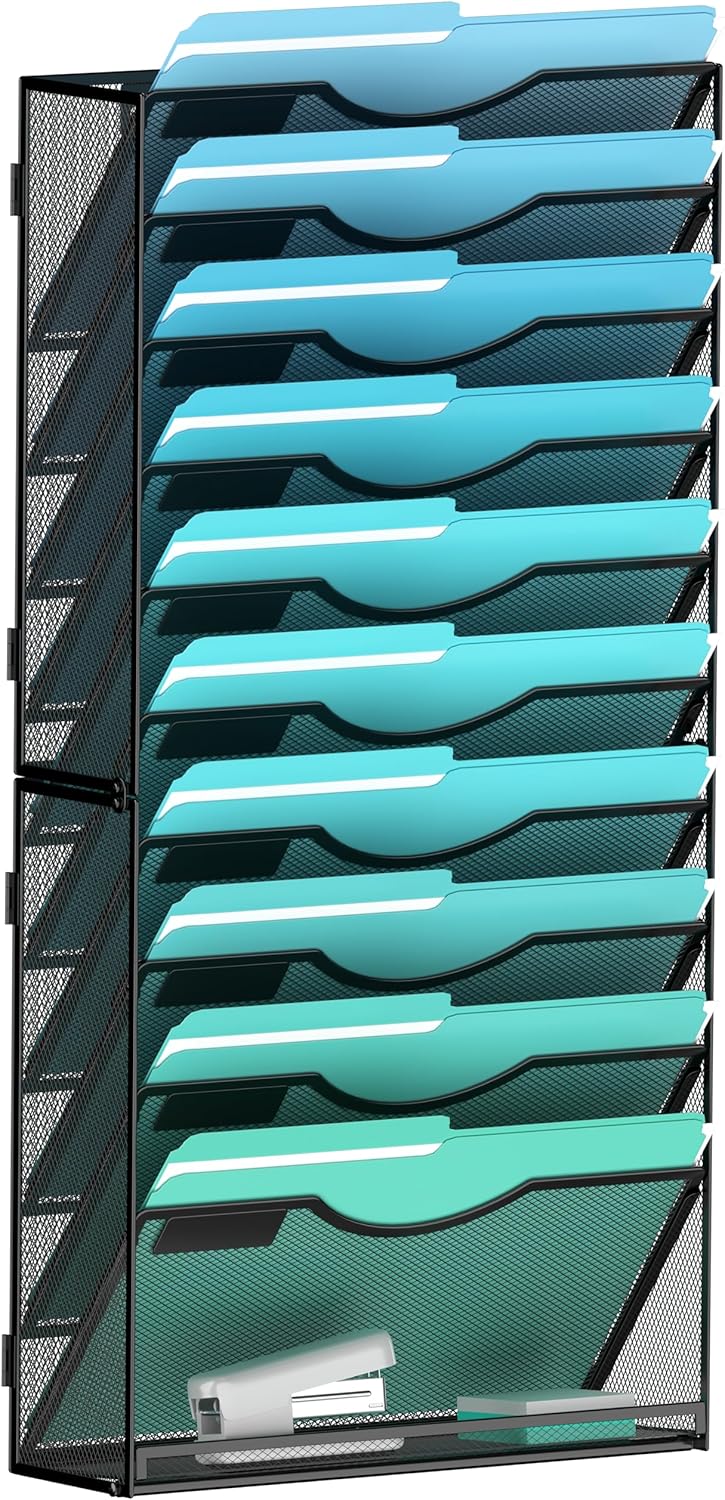 11-Tier Wall File Organizer Hanging Wall File Holder Wall Mount Paper Folder Organize, Mesh Magazine Document Mail Organizer Wall Organizer for Office School Home, Black