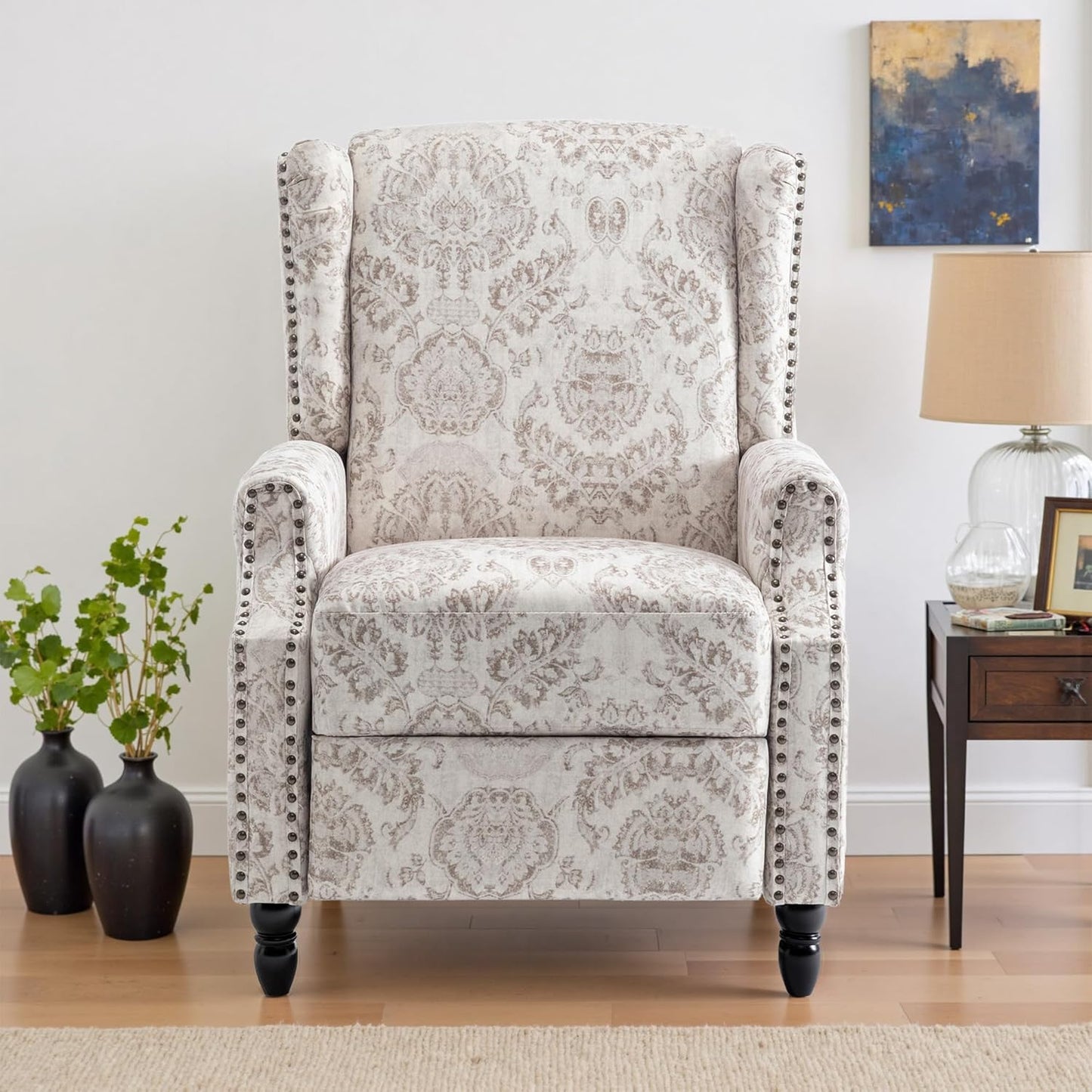 UIXE Recliner Chair, Fabric Upholstered Armchair Pushback Accent Chair for Living Room, Floral Rivet Trim Club Chair Home Theater Single Sofa Reading Seat - Beige Pattern