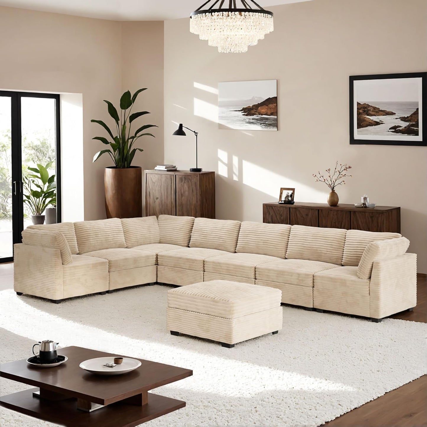 ovios Sectional Sofa Couch with L-Shape Chaise Ottoman, Comfy Modular Cloud Couches with Deep Seat, Modern Upholstered Plush Corduroy Sofas Set for Living Room, 8-Seater, Beige