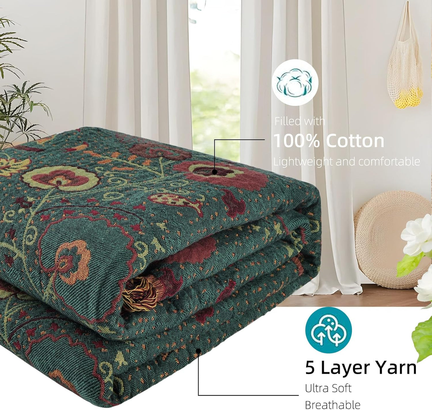 Boho Throw Blanket for Bed - 100% Pure Cotton Ultra Soft Rustic Quilt - Farmhouse Decor Bed Blankets, All Season Rustic Throw for Sofa Couch Chair(91''x 98'', Floral)