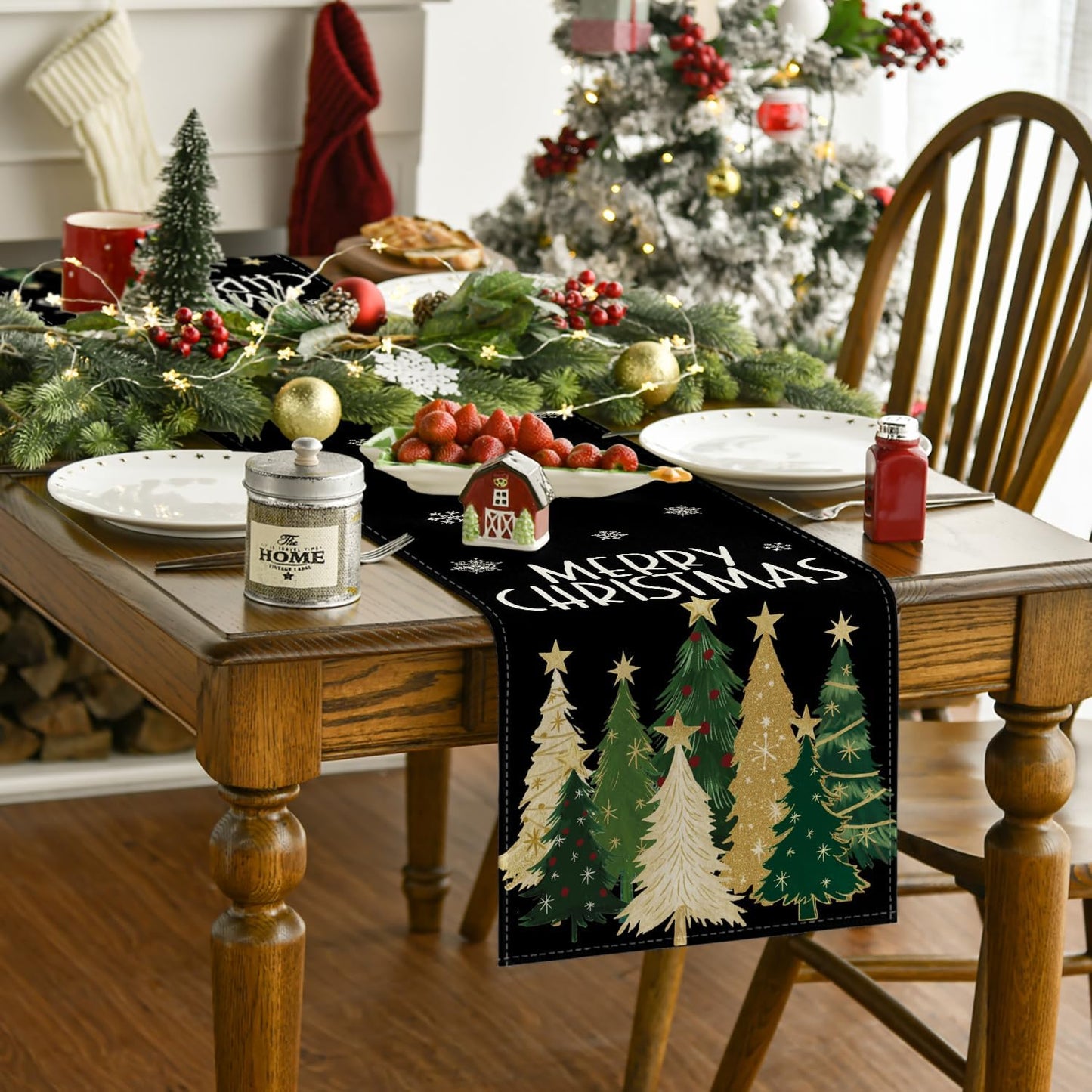 Artoid Mode Xmas Trees Snowflakes Black Merry Christmas Table Runner, Winter Seasonal Kitchen Dining Table Decoration for Home Party Decor 13x108 Inch