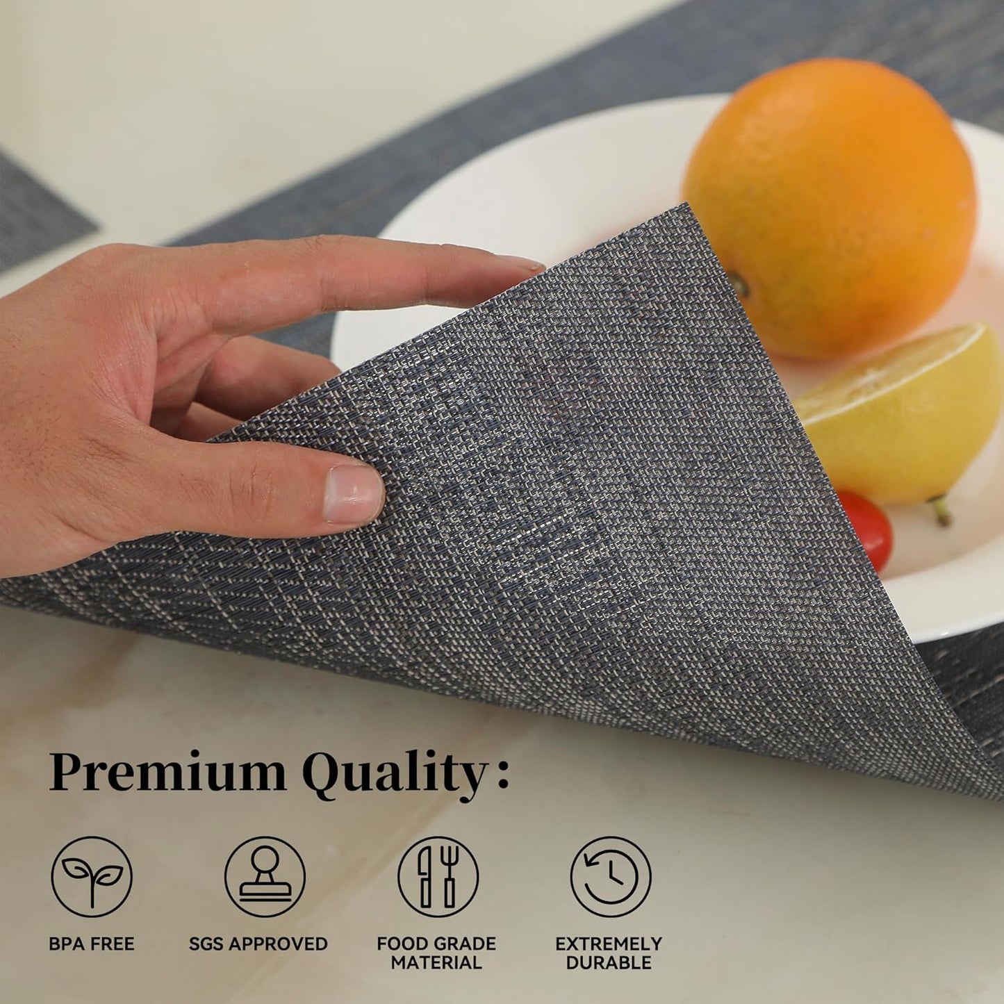 Leetaltree Denim Blue Placemats Set of 12 - Heat Resistant Non-Slip Place mats for Dining Table, Washable Durable PVC Vinyl Woven Table Mats（Denim Blue, 12）