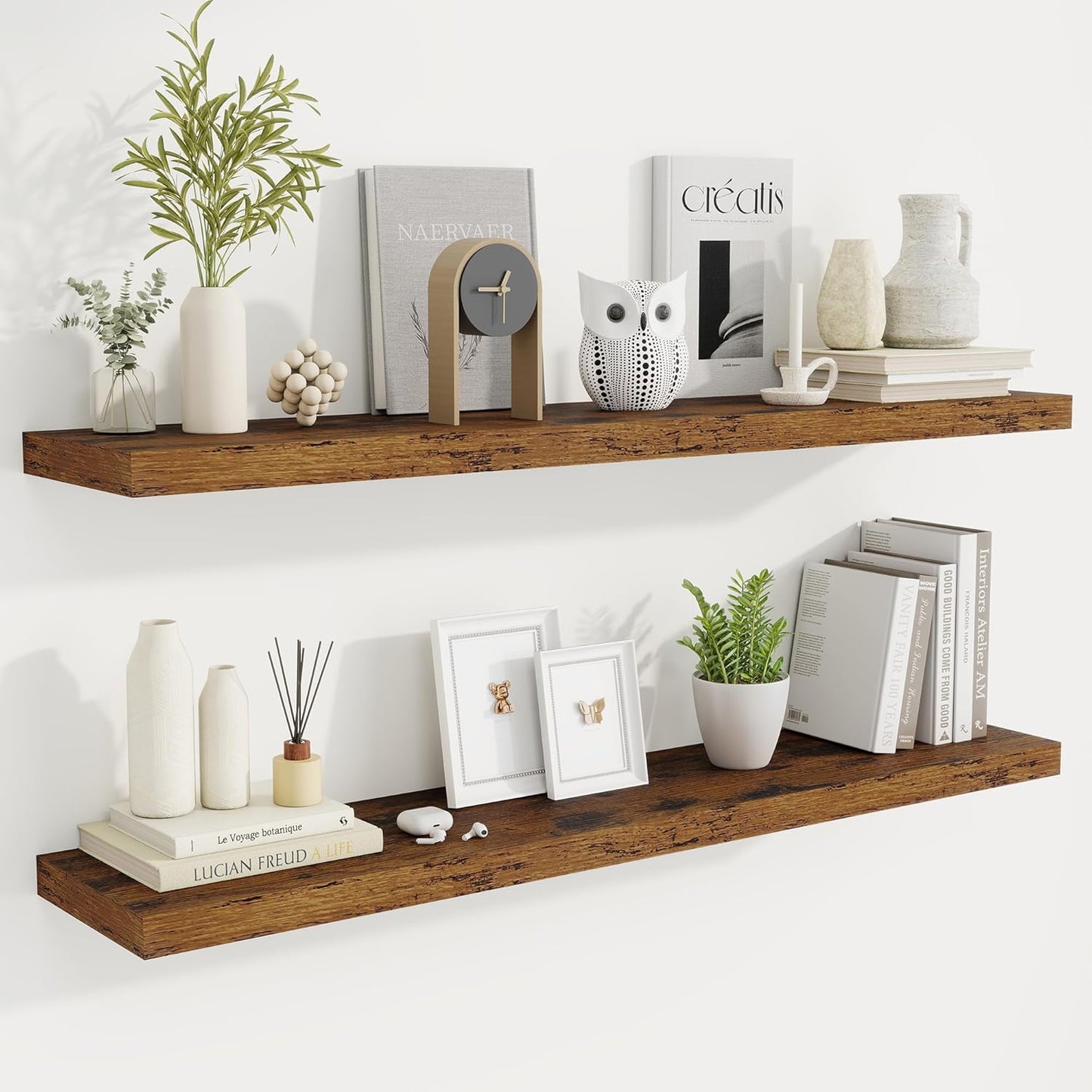 Fun Memories 48 Inch Deep Floating Shelves for Wall, 2 Pack of Long Wall Mounted Wood Shelves with Invisible Brackets for Bathroom, Bedroom, Living Room, Kitchen Decor and Storage, Brown