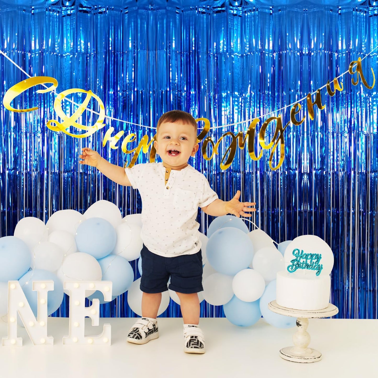 GOER 3.2 ft x 9.8 ft Metallic Tinsel Foil Fringe Curtains Party Photo Backdrop Party Streamers for Birthday,Graduation,New Year Eve Decorations Wedding Decor (Navy Blue,1 Pack)