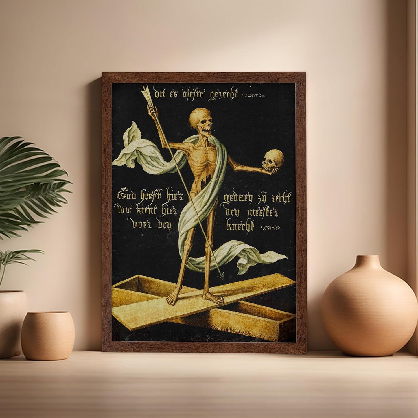 Poster Master Vintage Medieval Poster - Retro Gothic Print - Gift for Artist, Friend - Allegory of Life and Death, Skeleton, Dark, Skull - Wall Decor for Home, Living Room, 16x20 Brown Framed