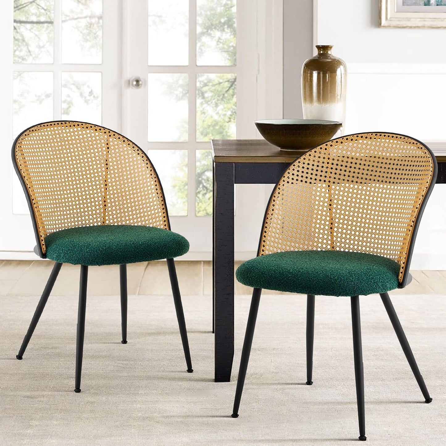 Rattan Dining Chairs Set of 2, Mid-Century Modern Kitchen Dining Room Chairs with Full Cane Backrest Armless Upholstered Farmhouse Boucle Dining Chairs with Metal Leqs for Dining Room, Green