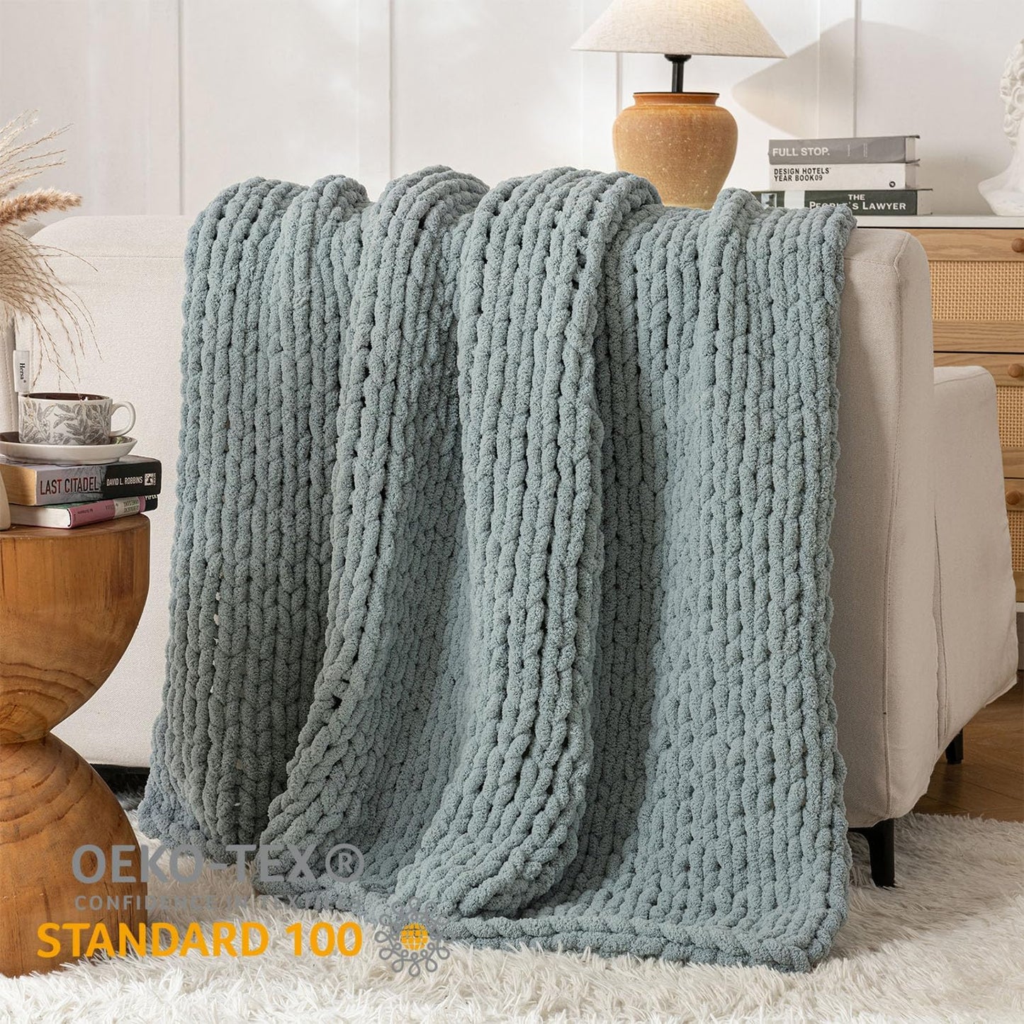 Chunky Knit Blanket Throw, 100% Hand Knit Throw Blanket Handmade Chenille Cable Knit Throw for Couch, Stylish Cozy Soft Rope Knot Crochet Blanket for Home Decor, Chambray Blue, 50x60 Inches