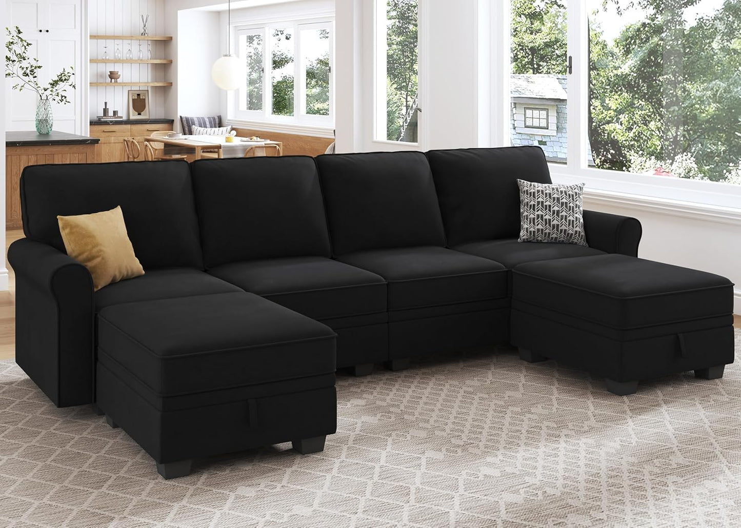 HONBAY Sectional Sofa with Storage Seat Velvet U Shaped Couch with Reversible Chaise Convertible Sectional Couches for Living Room,Black Velvet