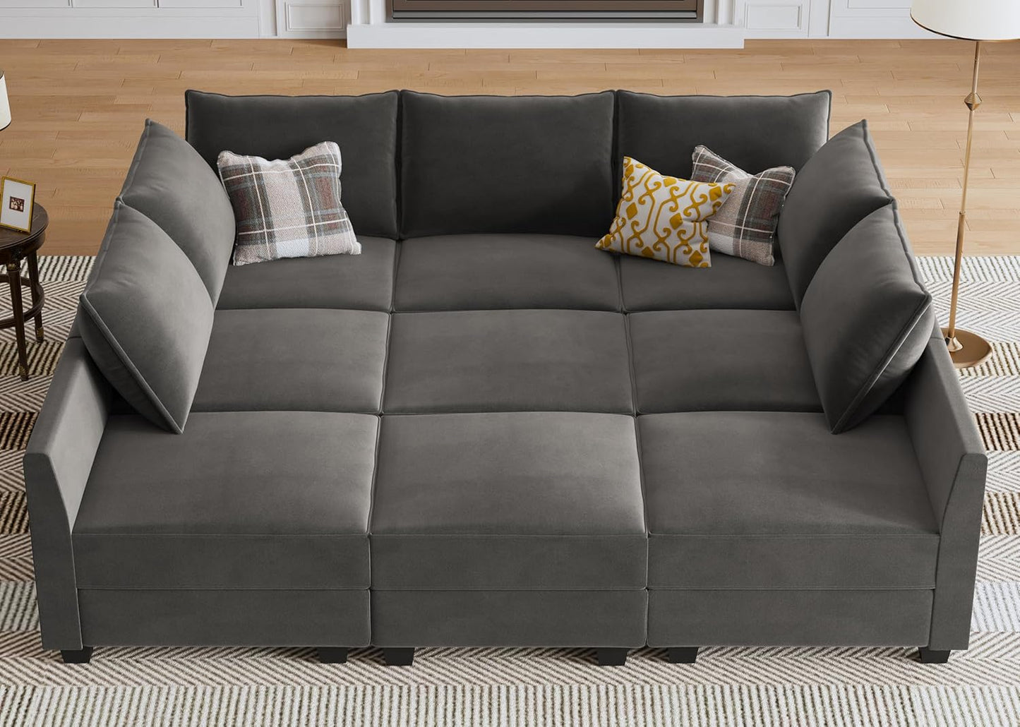 HONBAY Velvet Sectional Sofa Couch with Storage - Modular Sleeper for Living Room, Grey