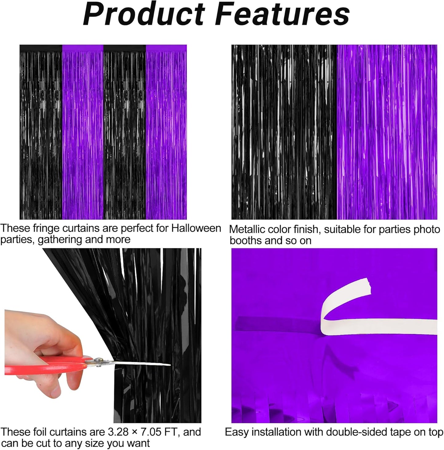 2 Pack Halloween Decor, 3.28 FT x 7.05 FT Purple and Black Foil Streamer, Metallic Fringe Curtains Tinsel Backdrop Party Streamer, Indoor Halloween Decorations Party Supplies Photo Booth Props