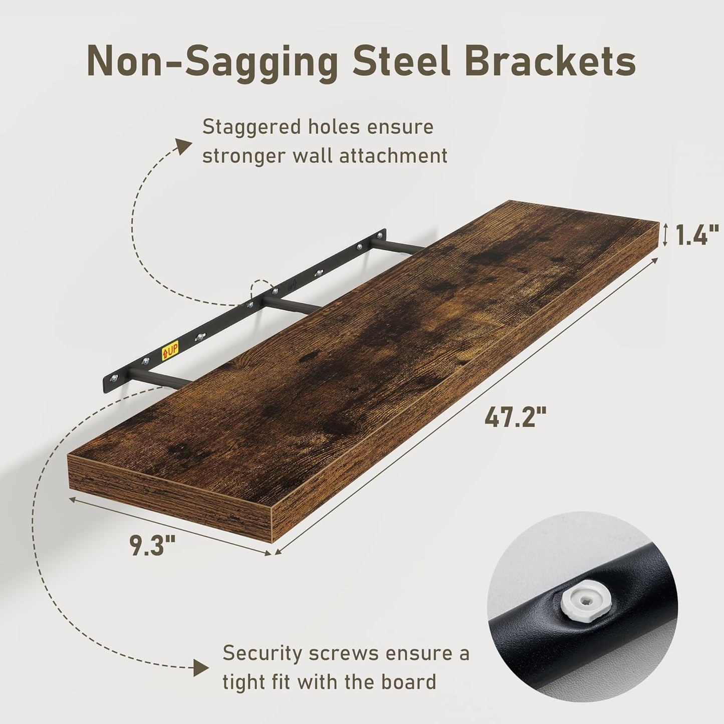 Floating Shelves Wall Shelf 48 Inch, 9.3 Inch Deep Floating Shelf, Farmhouse Black Wood Shelves Invisible Bracket for Living Room, Bedroom, Kitchen, 48 x 9.3 x 1.4 Inch, Set of 2, Rustic Brown