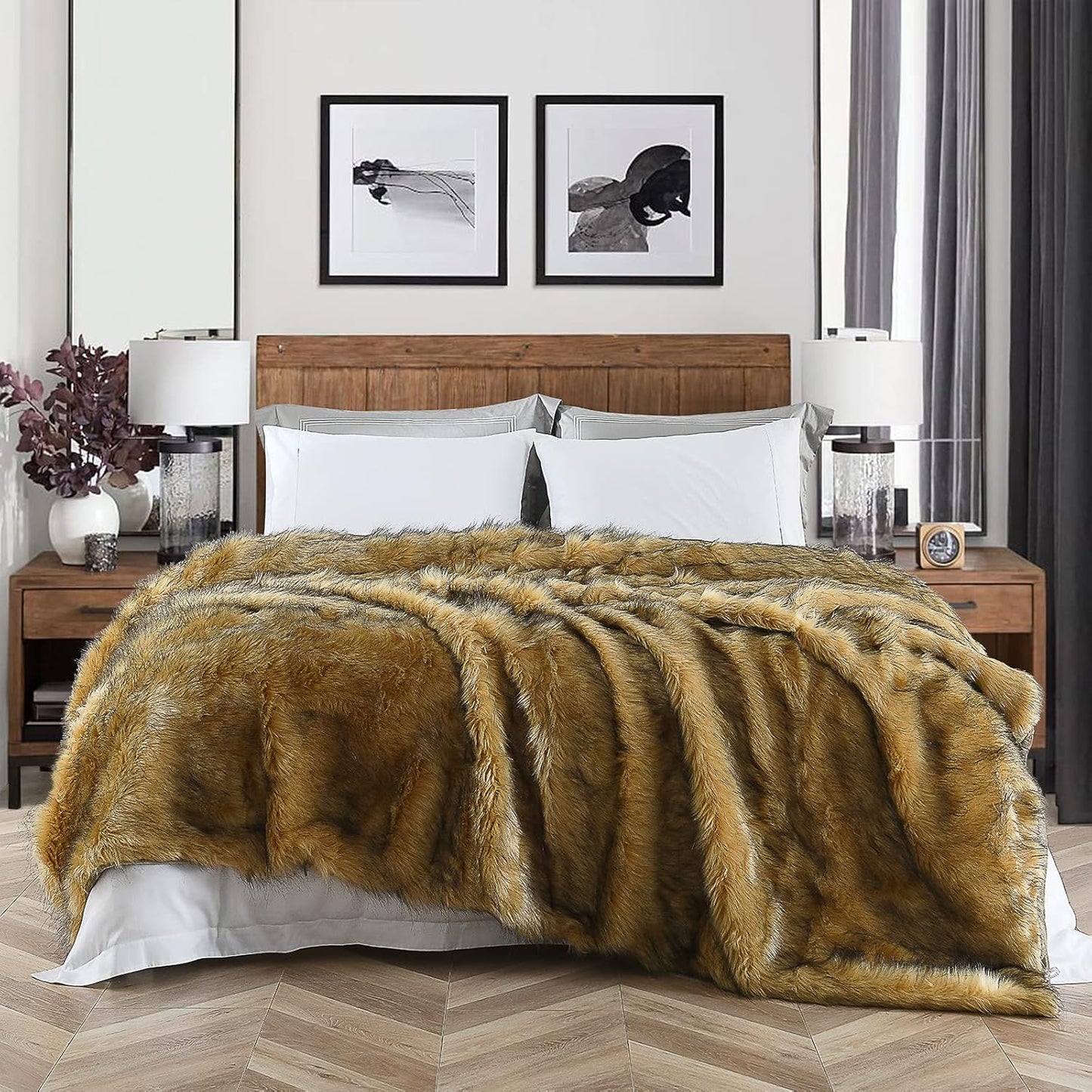 Luxury Plush Faux Fur Blanket Queen Size, Long Pile Golden Yellow with Black Tips Throw, Oversized Super Warm, Fuzzy, Elegant, Fluffy Decorative Blanket for Sofa, Armchair, Couch and Bed, 90"x90"