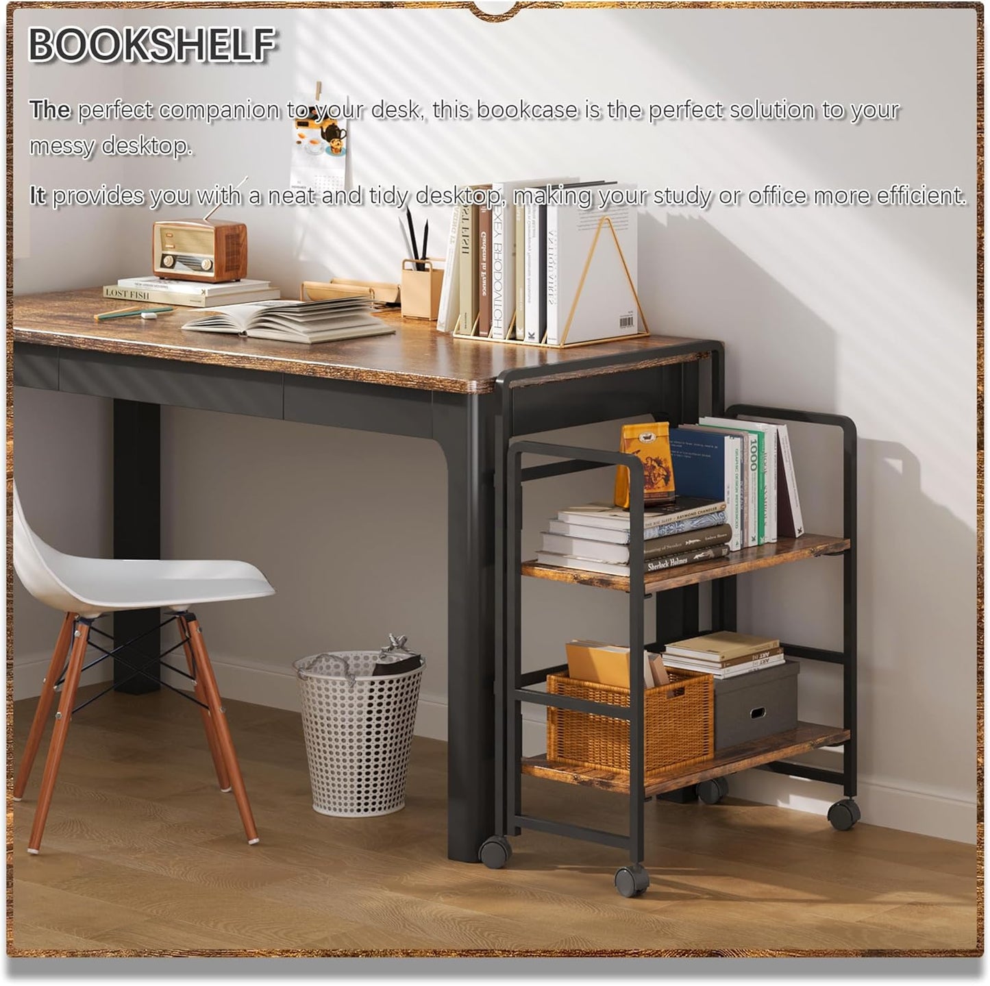 4NM 2 Tiers No-Assembly Folding Bookshelf with Wheels, Portable Rolling Storage Bookcase & Compact Side Table for Living Room, Bedroom, Kitchen, Bathroom (Rustic Brown and Black)