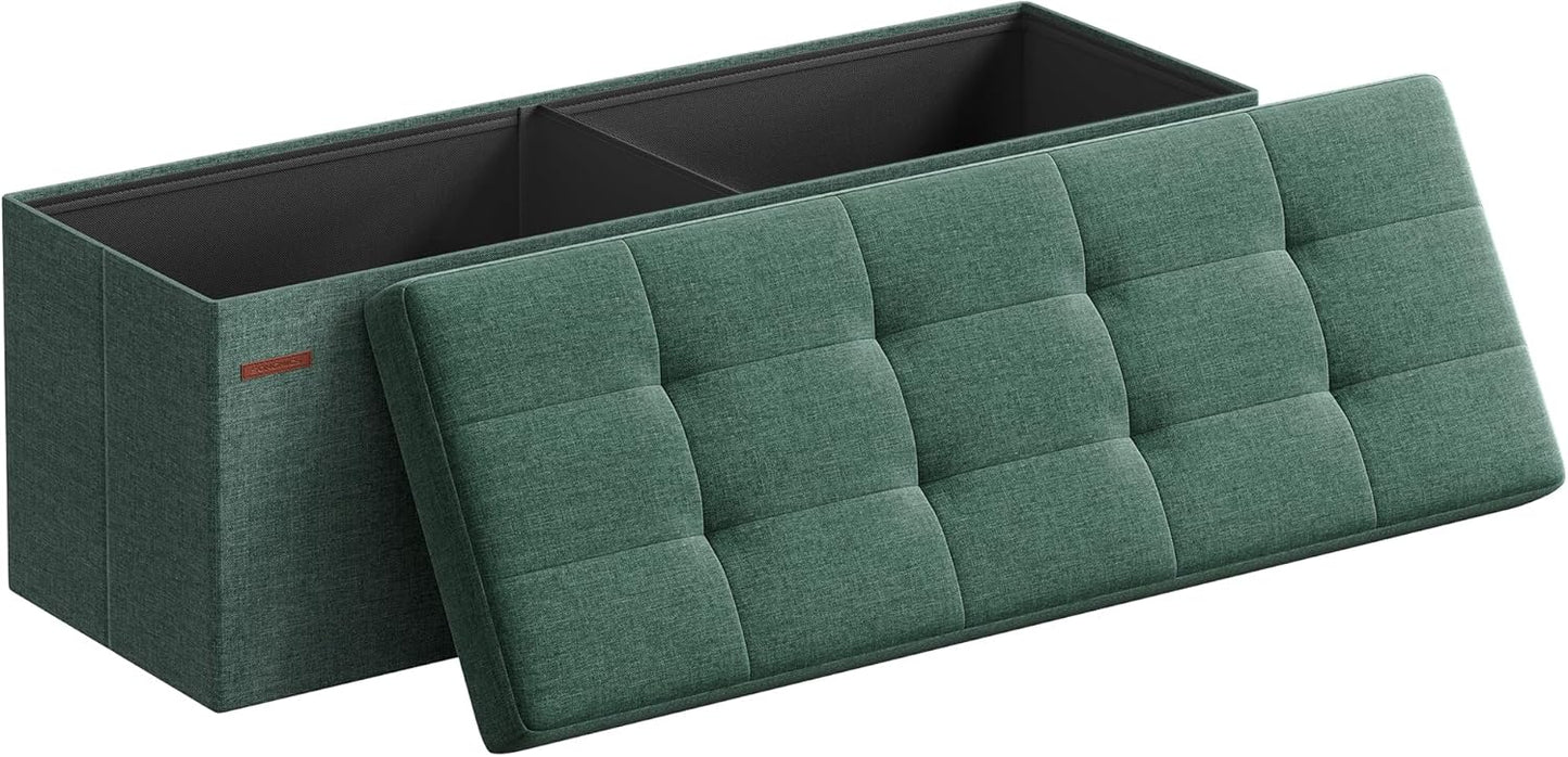 SONGMICS MAZIE Collection - 43 Inches Folding Storage Ottoman Bench, Ottoman Foot Rest, End of Bed Bench, Storage Chest, Load 660 lb, for Living Room, Bedroom, Entryway, Retro Green ULSF077C01