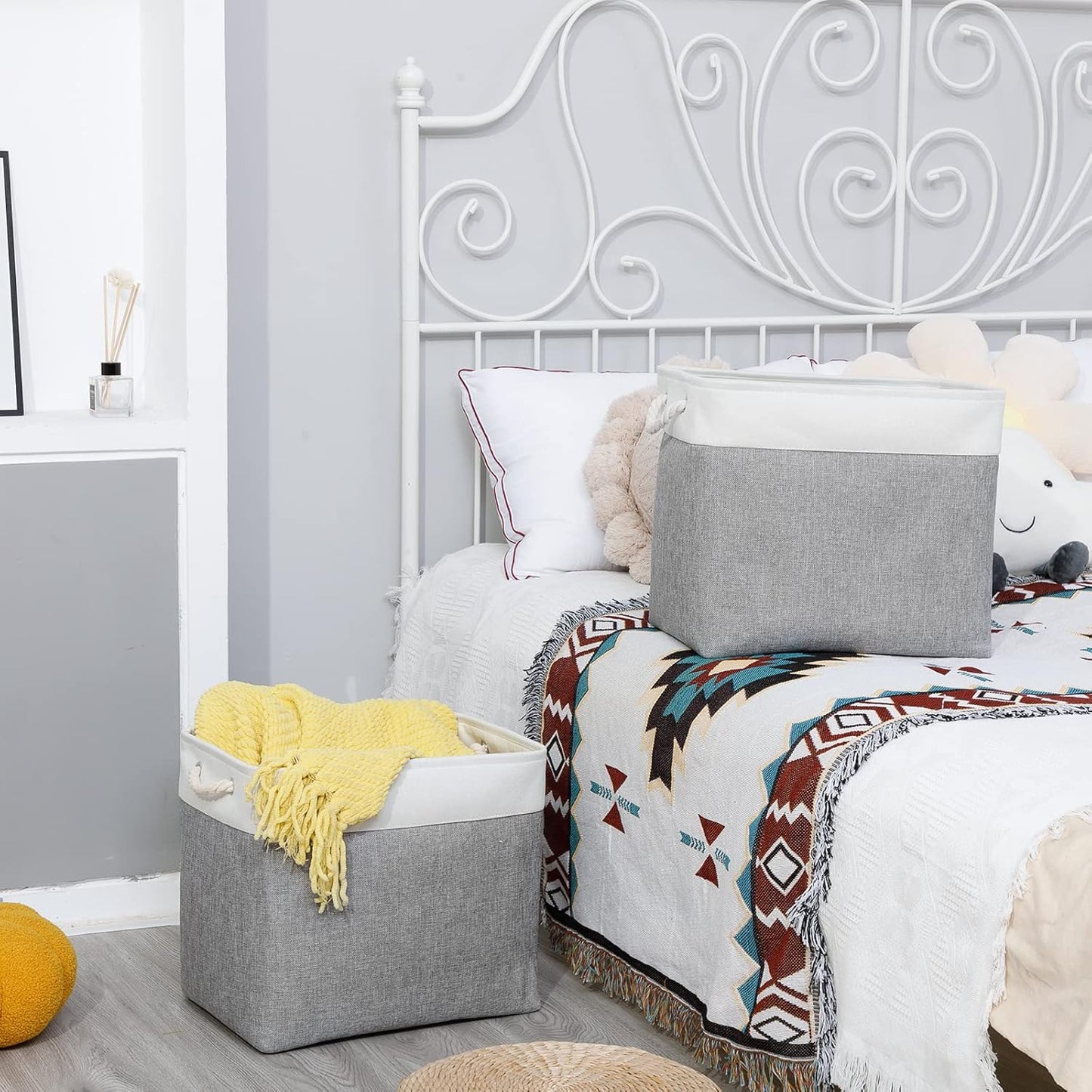 Bidtakay Large Storage Bins for Clothes Fabric Deep Baskets for Organizing Set of 2 Grey Fabric Pantry Storage Bins for Hallway Living Room Blankets 17x12x15 in Extra Large Shelf Tote Baskets