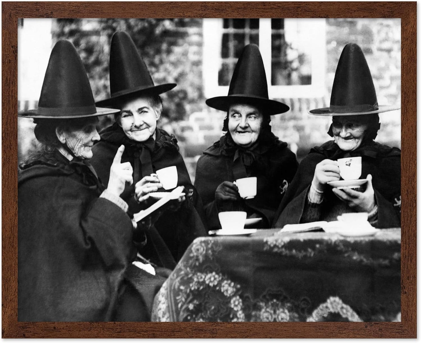 Poster Master Classic Photograph Poster - Vintage Halloween Print - Gift for Artist, Friend - Witches Tea Party, Old Women Smiling, Wearing Robes - Wall Decor for Living Room, 11x14 Brown Framed