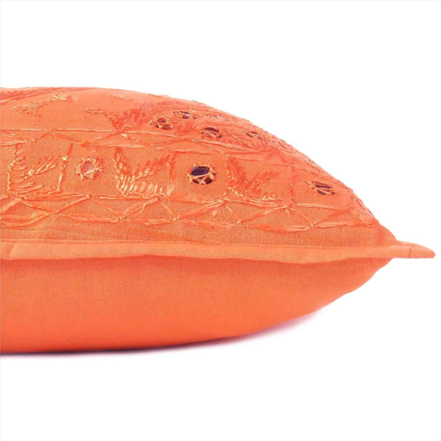 Eyes of India Embroidered Decorative Boho Throw Pillow Cover with Mirrors, Handmade Bohemian Accent Cushion Case for Sofa Couch Bedroom Living Room (Orange, 24" x 24")