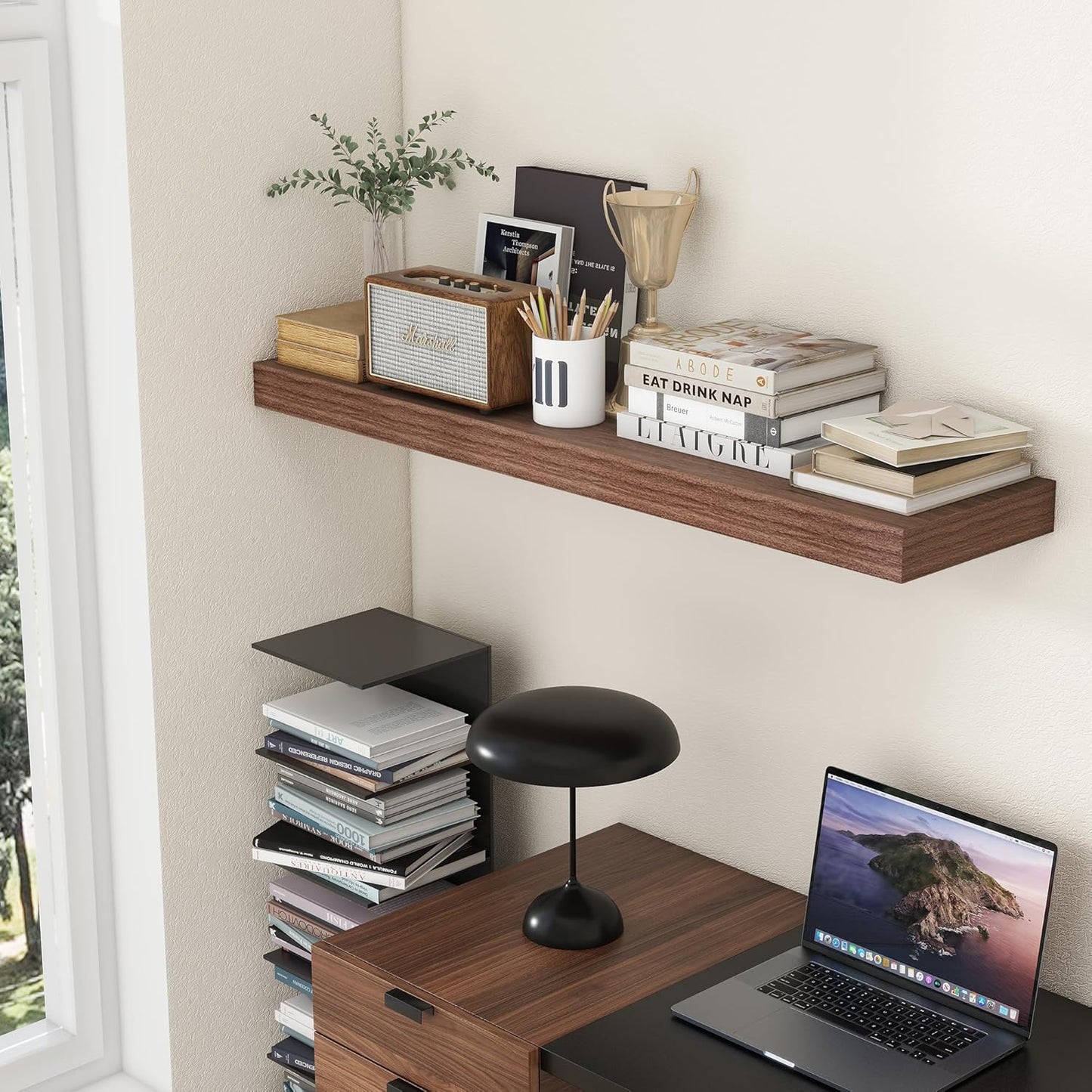 12 Inch Deep Floating Shelves, 48W x 12D Rustic Large Floating Shelves, Deep Walnut Wood Wall Shelves Set of 1 for Living Room Bathroom Laundry Room Bedroom Kitchen Home Office - Walnut