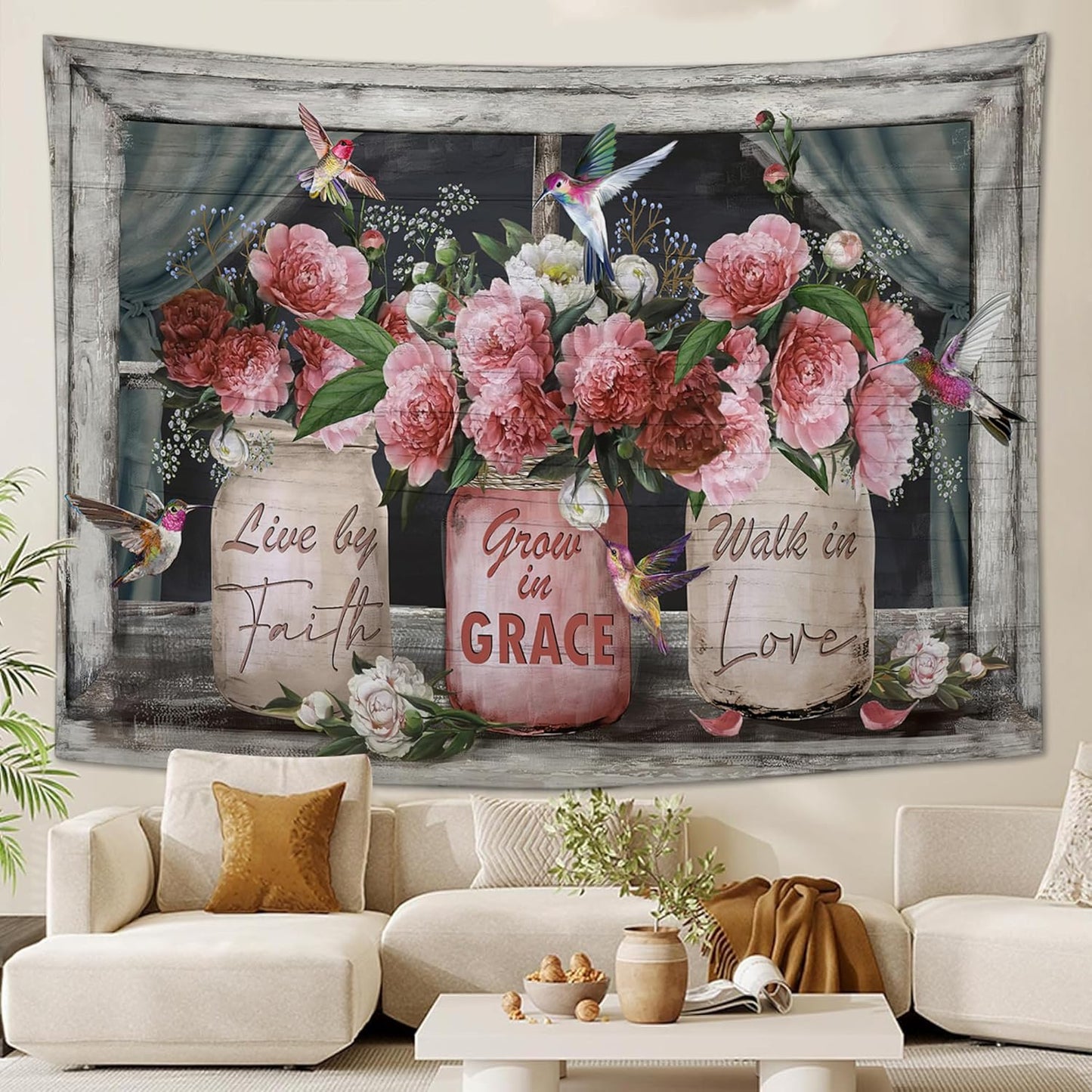 yowecso Farmhouse Rose Tapestry Peony Flower Tapestry Wall Hanging for Bedroom Floral Tapestries Aesthetic Wall Decor for Home Dorm Living Room 50"x60"