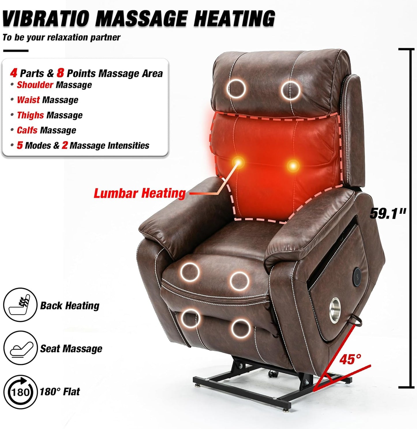 Lazy Boy Recliner Chair with Heating, Power Lift Recliner Chair for Elderly with Folding Tablet, Lay Flat Recliner with Dual Motor Adjustable Backrest and Leg Rests, Leather Brown1, RXX-028