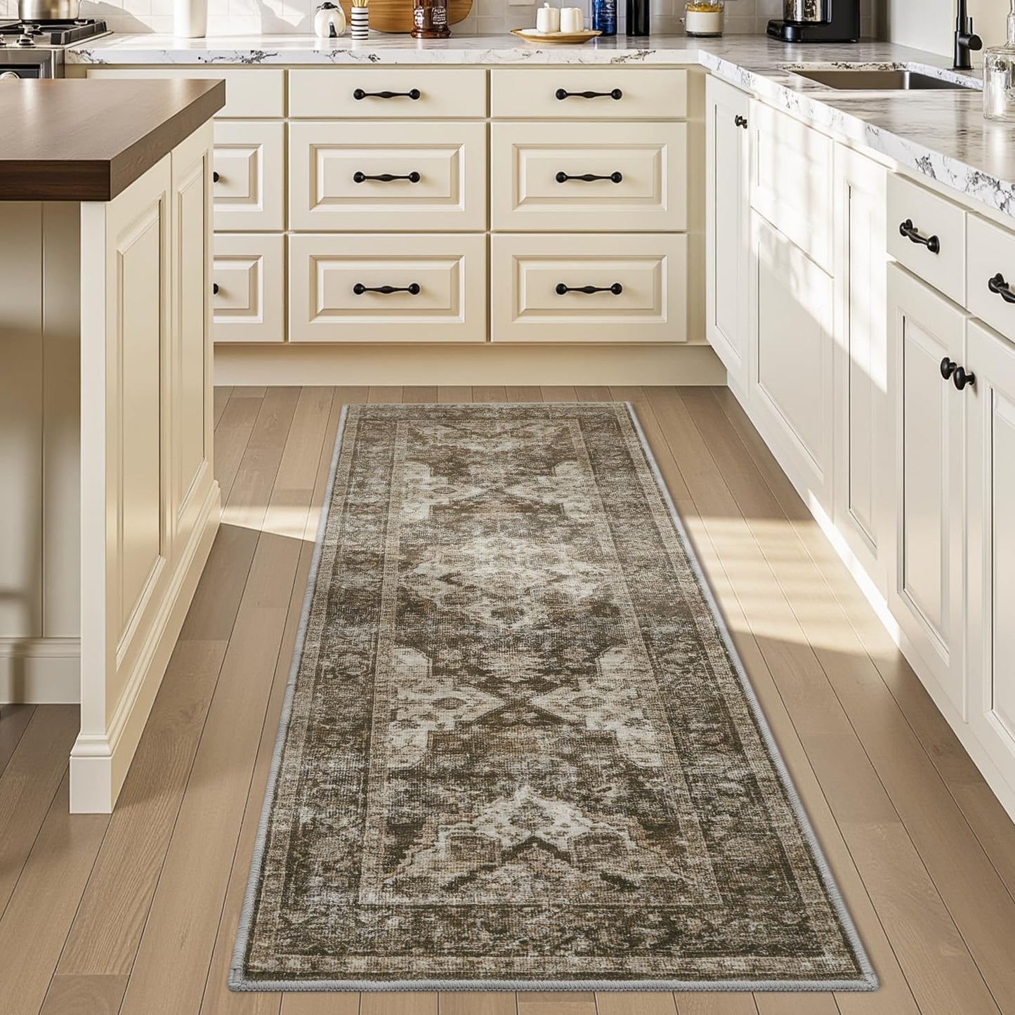 AMOAMI-2X6 Runner Rug-Washable Runners for Hallways-Soft Non Slip Bedside Rugs for Bedroom-Vintage Long Rug for Hallways Entryway Laundry Room Stair Kitchen Bathroom Light Brown/Coffee