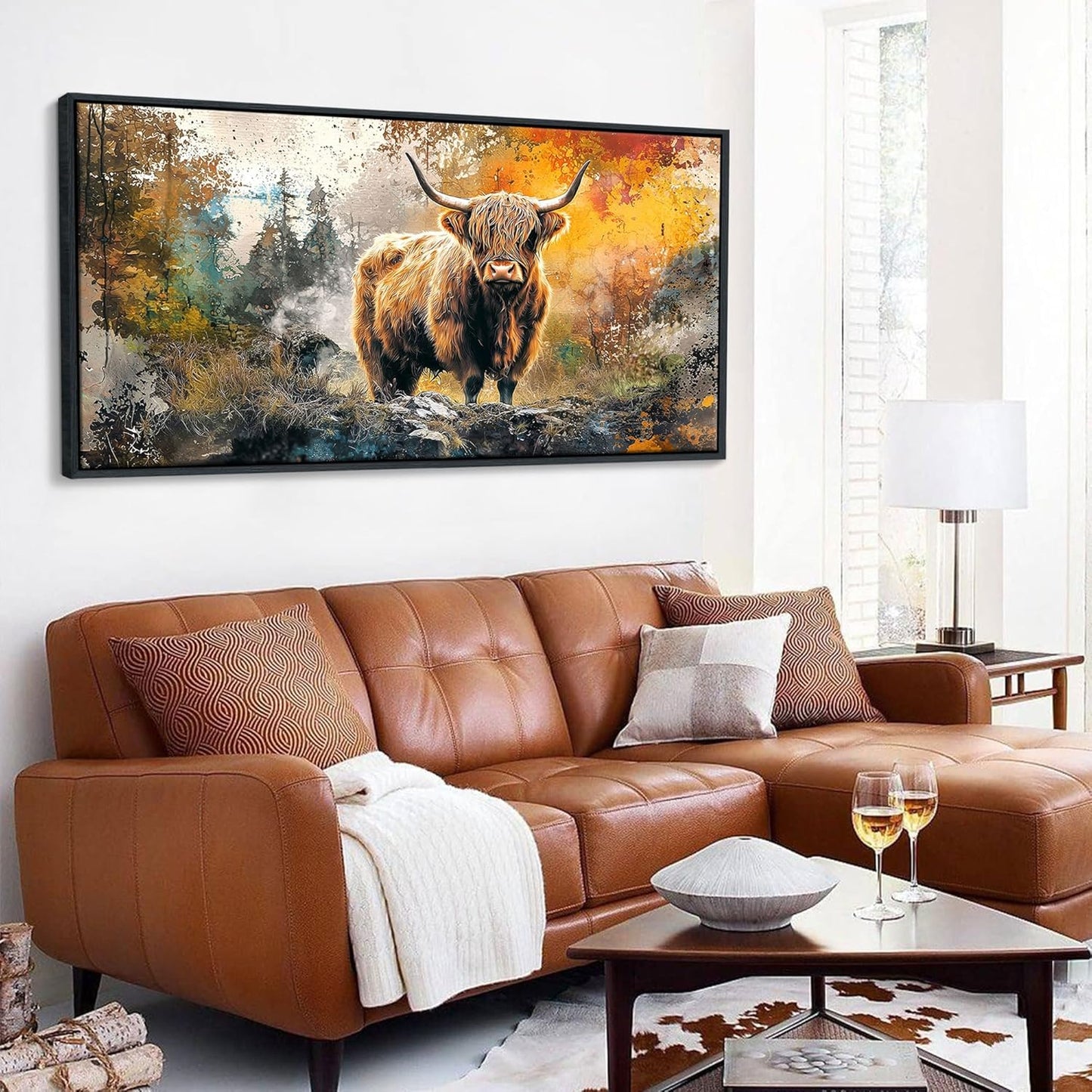 QZQCBLC Large Bedroom Canvas Wall Art, Retro Highland Cow Wall Pictures Modern Abstract Graffiti Forest Landscape Framed Paintings Artwork for Living room Kitchen Home Office Decor 24x48 IN