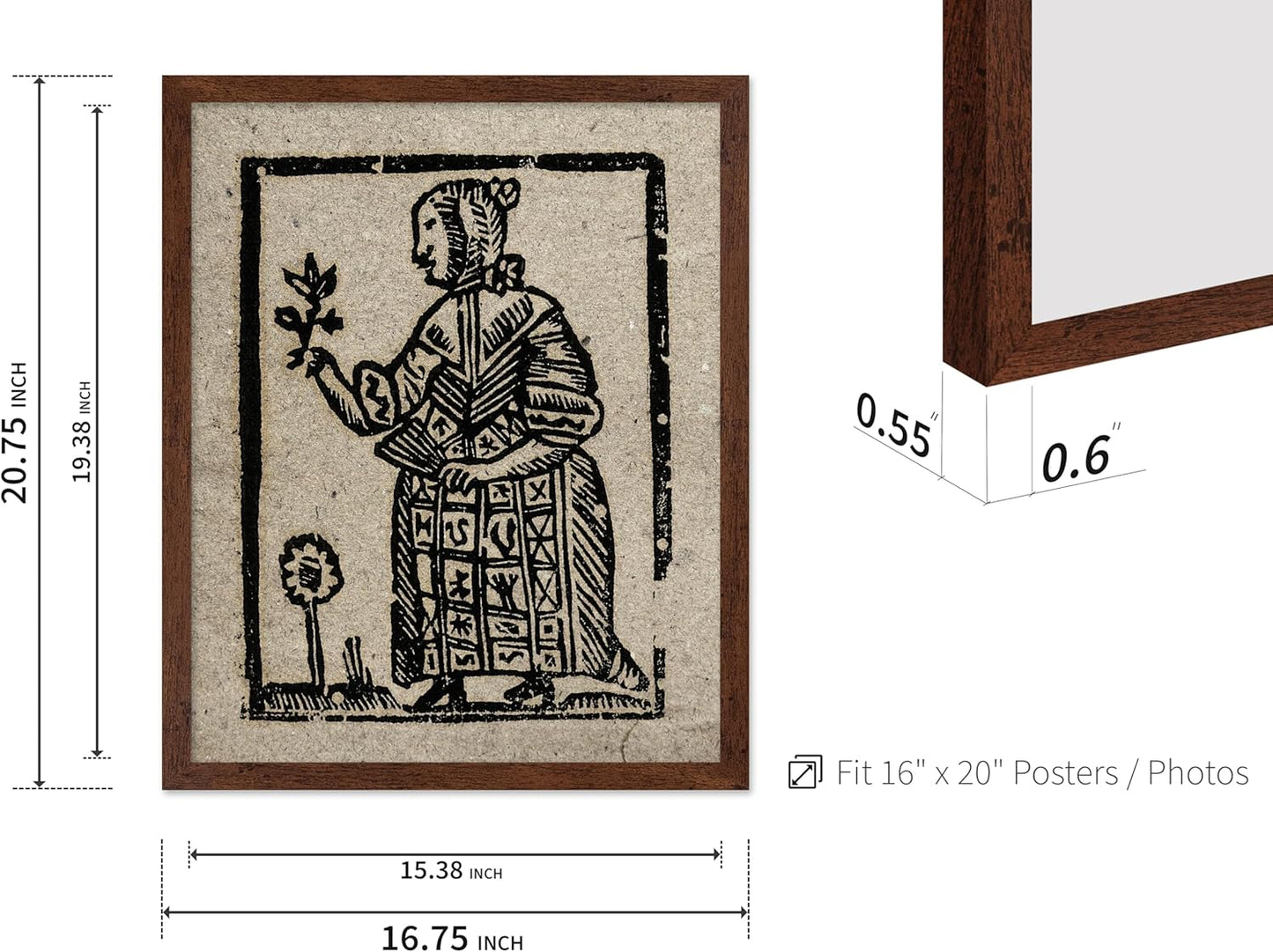 Poster Master Vintage Woodcut Poster - Retro Medieval Print - Gift for Gothic, Horror Fan - Witch Holding a Plant, Magic, Spell, Herbalist - Wall Decor for Bedroom, Dorm, 16x20 Brown Framed