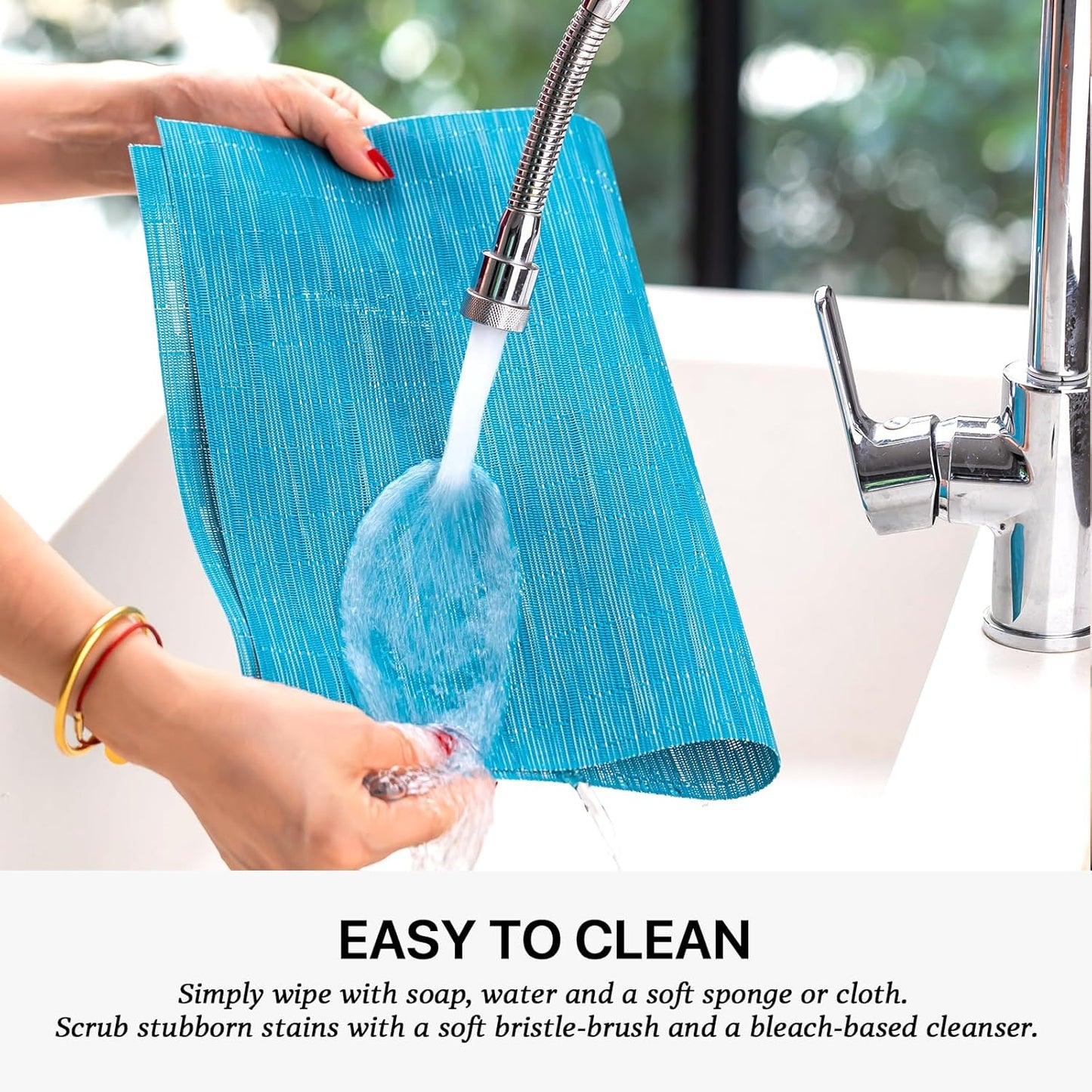 LEXMORE Placemats Set of 12 Vinyl/Plastic Woven Place Mats for Kitchen Table Indoor/Outdoor Washable Placemat Wipeable Dining Table Mats(Teal Blue)