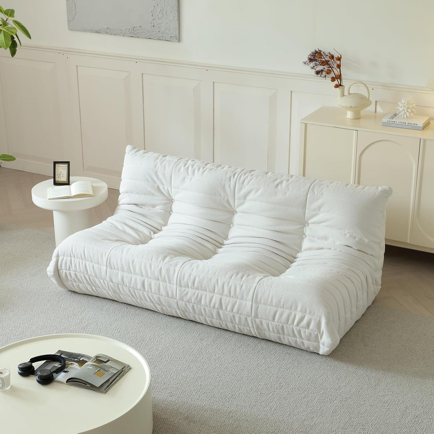 Luxury Sofa Couch Chair, Lazy Floor Seating, Fireside Bean Bag Chair, Ergonomic Tatami Sofa Lounger for Living Room, Bedroom, Office, 3 Seat, White