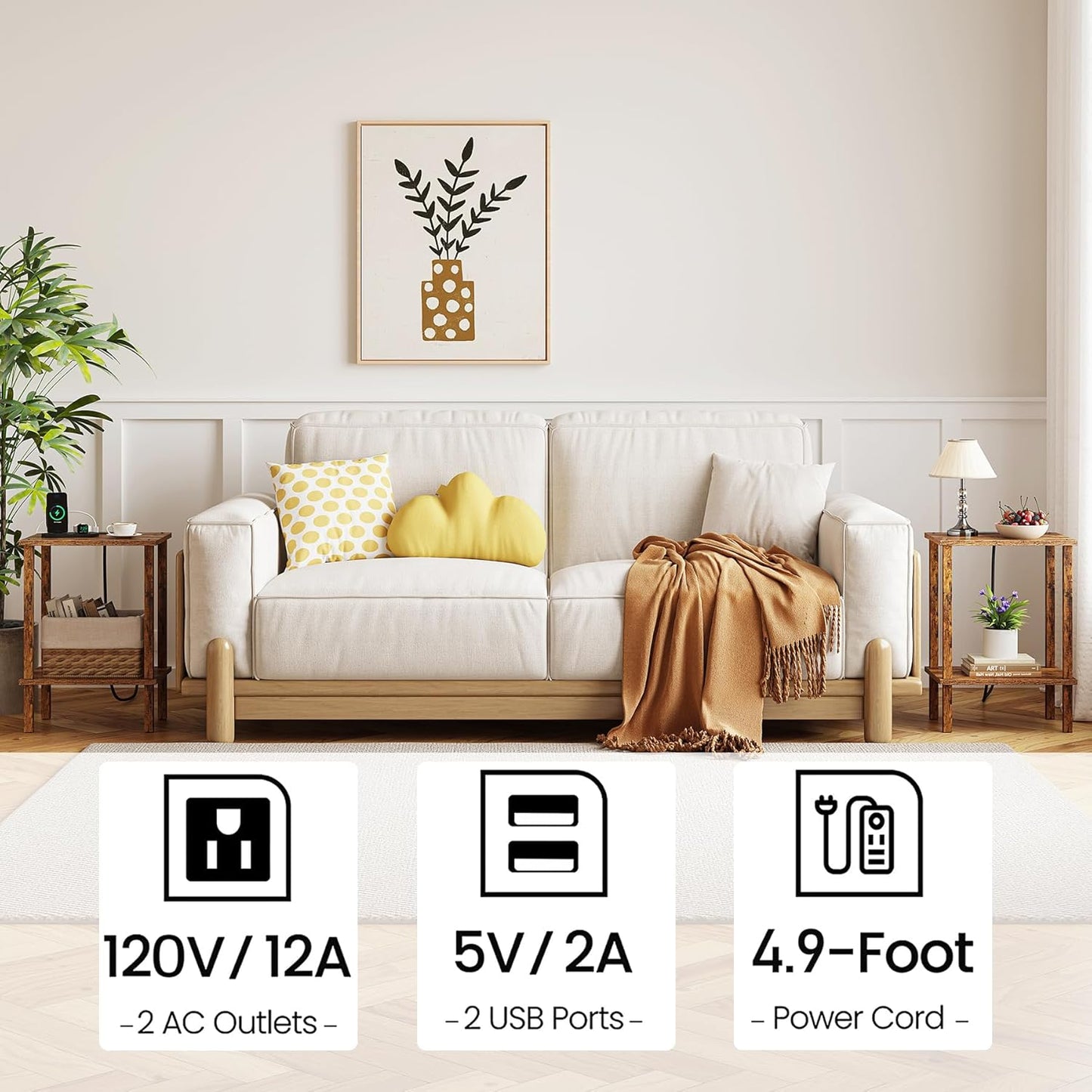 TUTOTAK End Table with Charging Station, Small Side Table with Outlets, Nightstand Bedside Table, 2-Tier Storage Shelf for Small Space, Living Room, Bedroom, Brown TB01BB040C