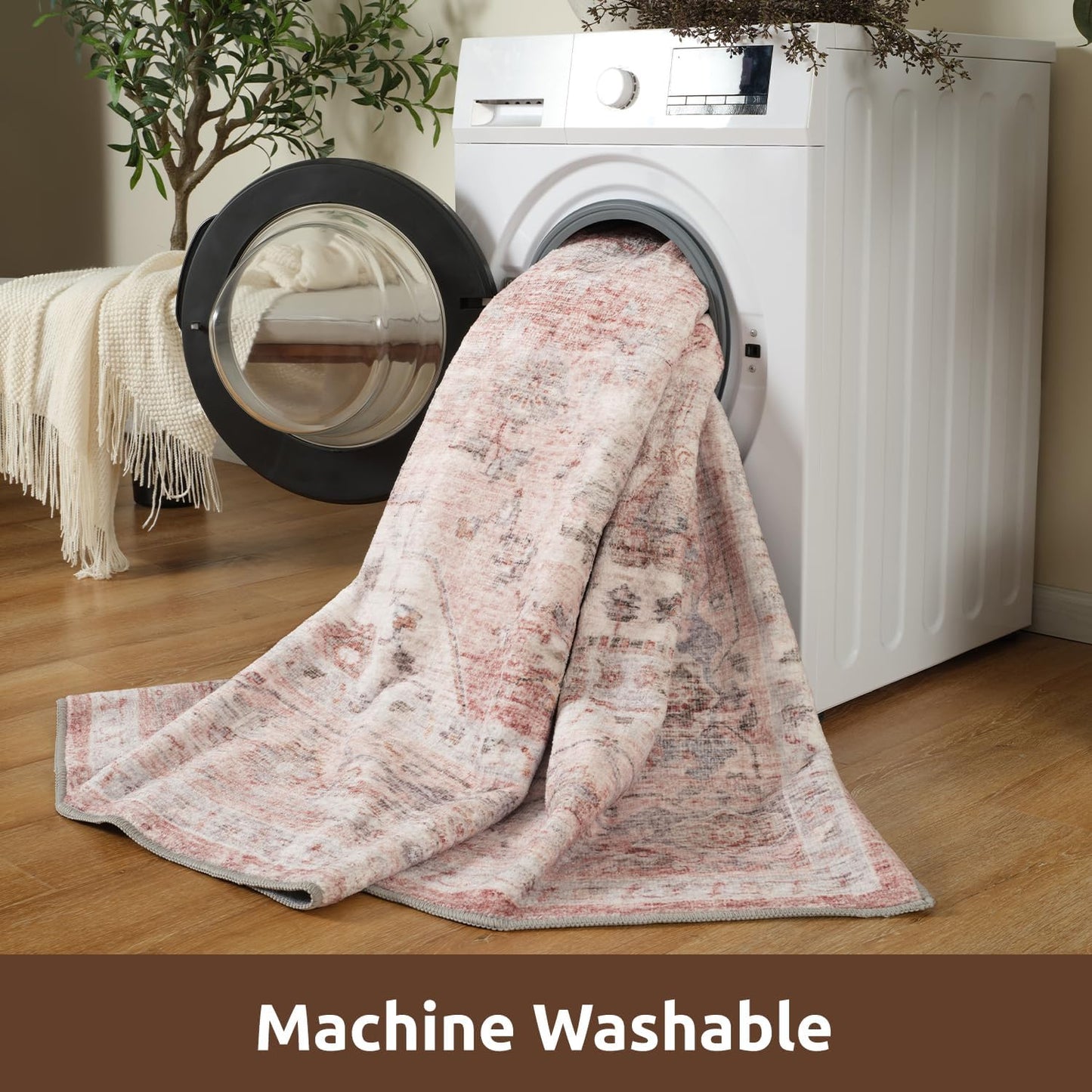 AMOAMI 4x6 Soft Vintage Area Rug - Non-Slip Washable Rug for Living Room, Bedroom, Dining Room, Office - Pink