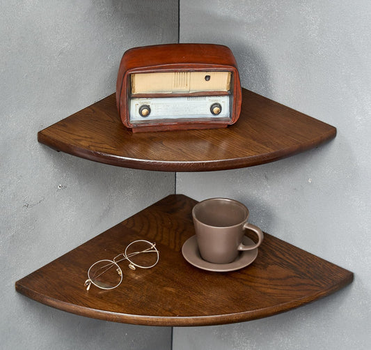 Corner Shelves, Floating Corner Shelf, Set of 2 16inch Solid Oak Wood Corner Wall Shelves, Round End with Wire Hole for Small Plant for Bedroom Kitchen, Living Room