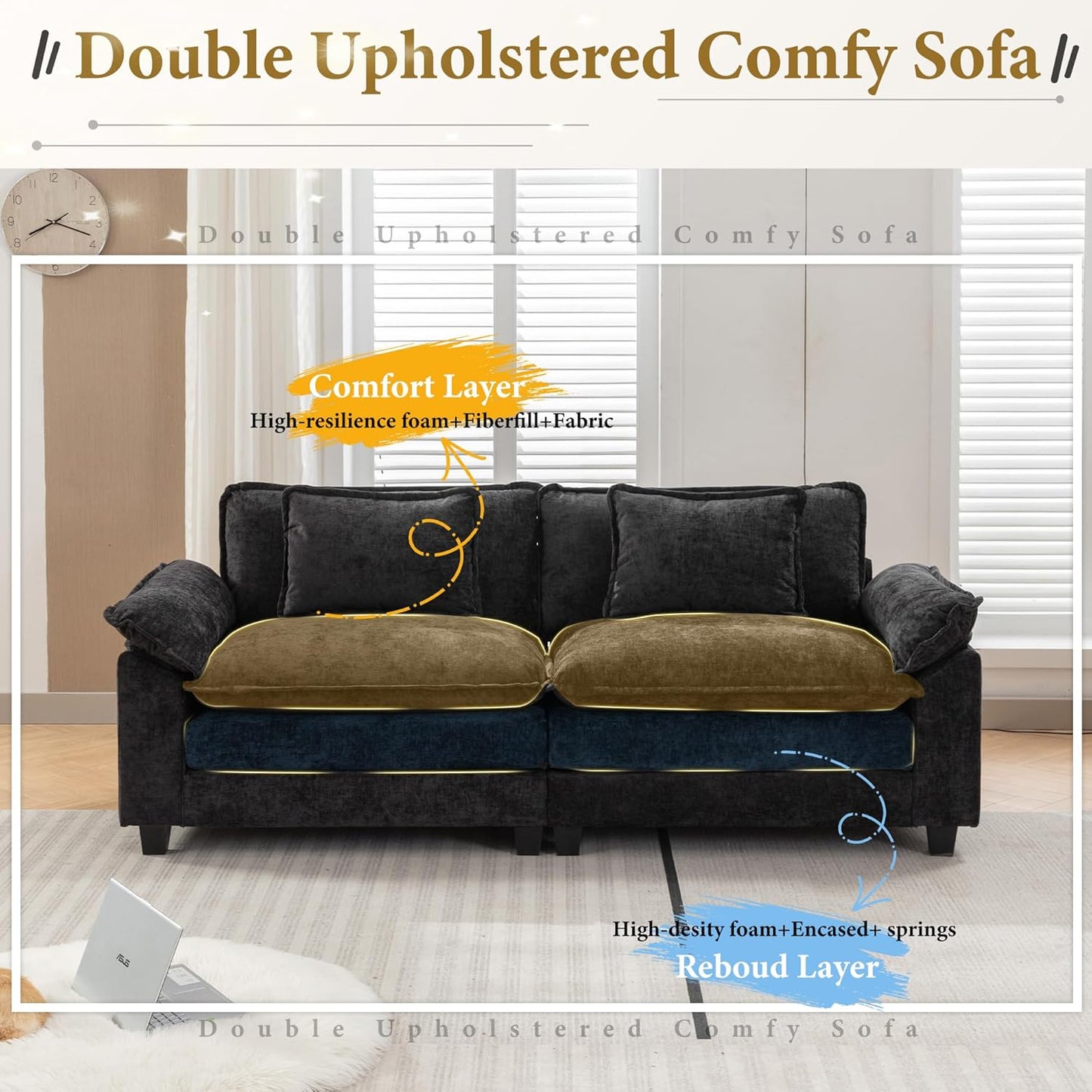 URRED Modular Sectional Sofa Comfy Cloud Couch, Modern Chenille Sofa Sleeper Deep Seat Couches with Ottoman/Pillows for Living Room (Black, 82.6'')