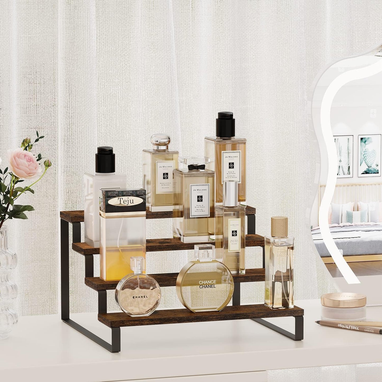 YINMIT Wooden Display Riser Stand, Tiered Perfume and Cologne Organizer Stand, 4 Tier Spice Rack Organizer, Rustic Display Shelf for Candles (4 Tier)