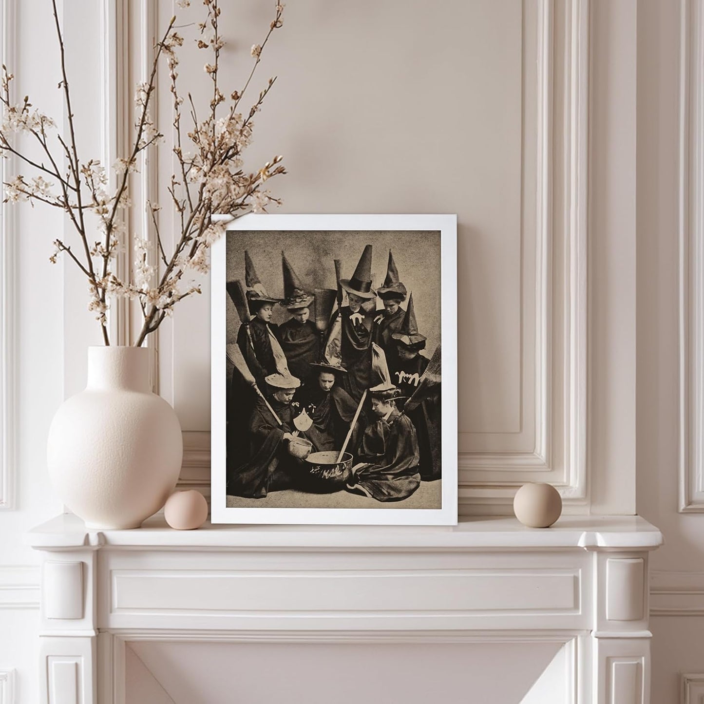 Poster Master Vintage Photograph Poster - Retro Halloween Print - Gift for Artist, Friend - Witches Cooking, Pointy Hats, Broomsticks, Black Magic - Wall Decor for Bedroom, 8x10 White Framed
