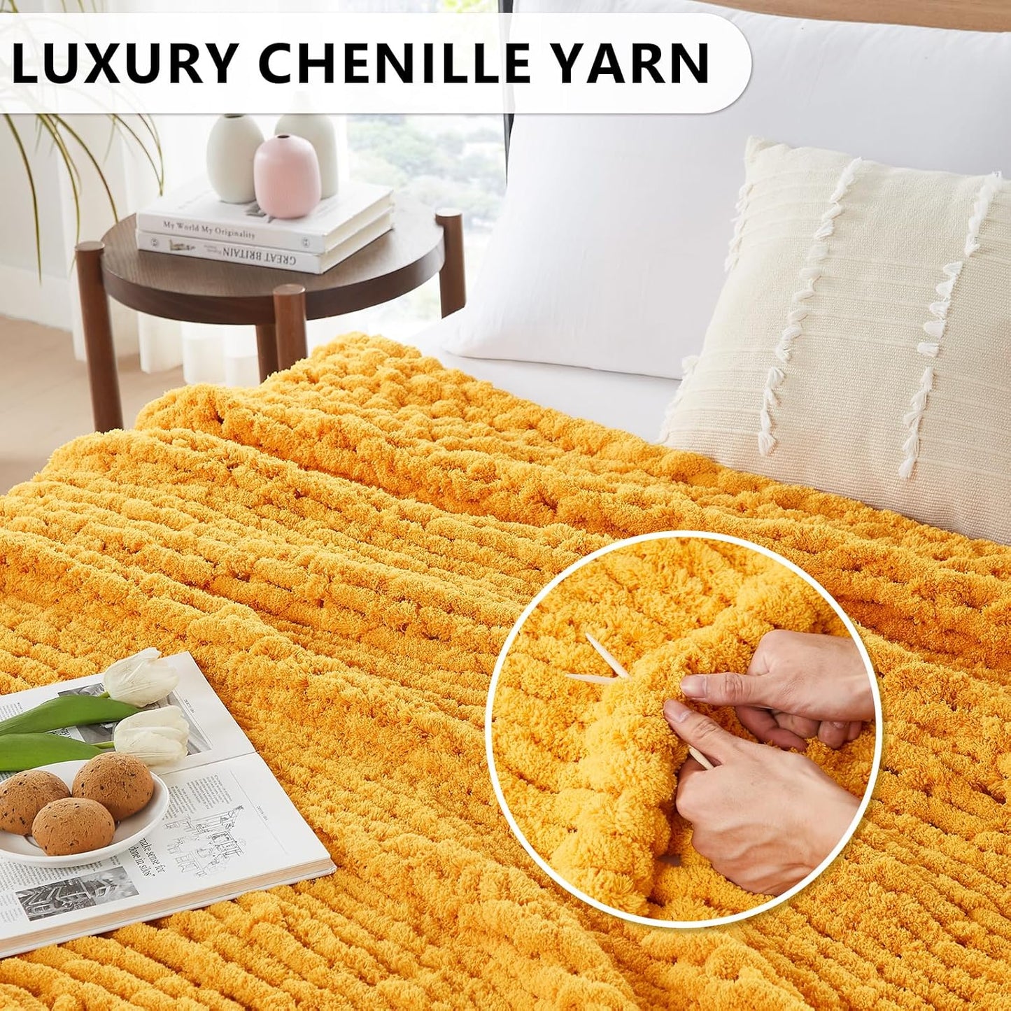 L'AGRATY Chunky Knit Blanket Throw - Soft Chunky Throw Blanket 60x80: 100% Hand Kintted Chenile Crochet Throw Blanket for Couch - Large Cable Knit Chunky Blanket for Home Decor(Mustard Yellow)
